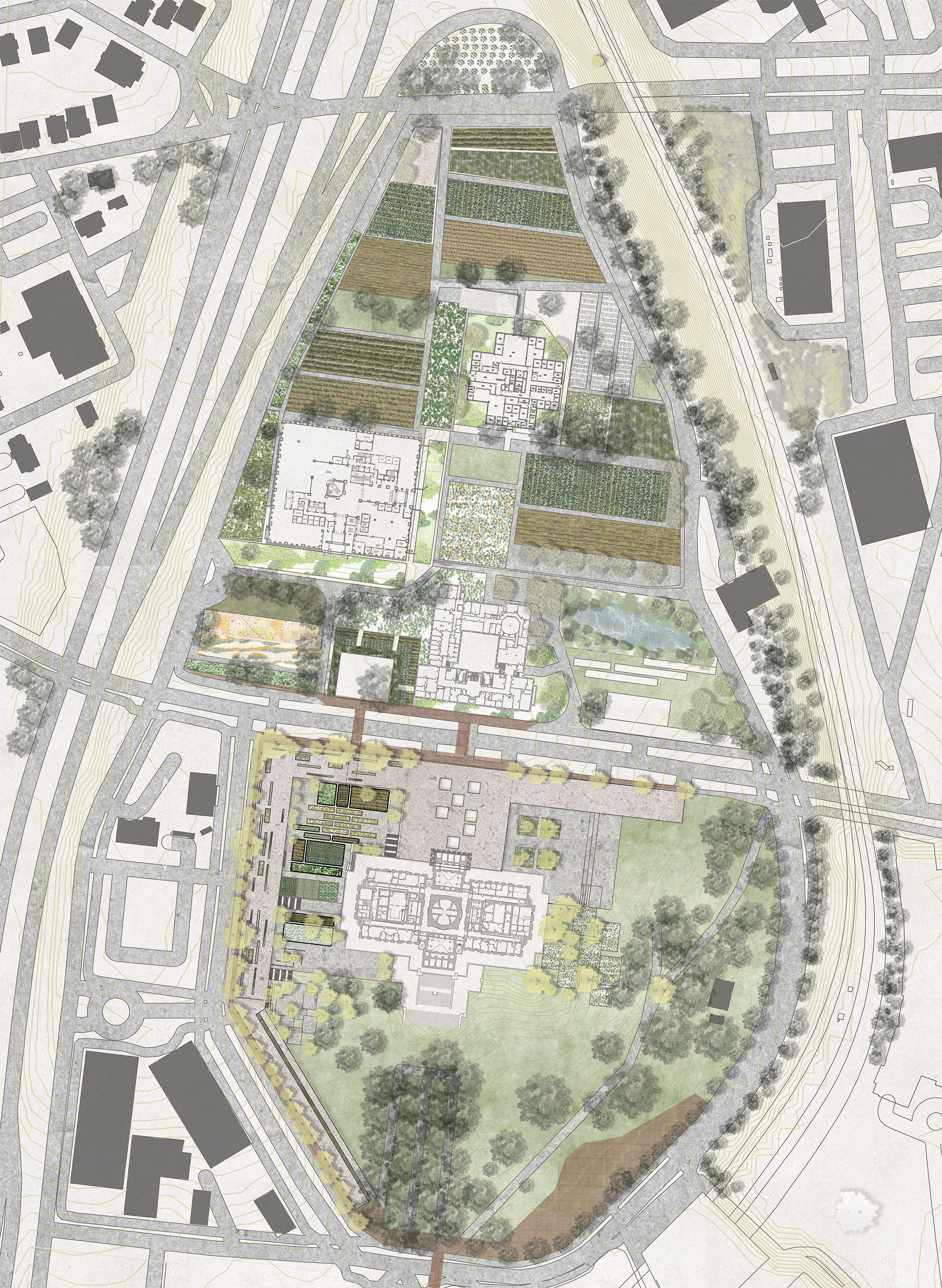 As stewards for the public realm, undersused urban lands are converted into productive fields that benefit the community.  The AgroWing serves as a forecourt to the farm and includes a park, didactic gardens, exhibition or event spaces, vertical farm, and a market square. 