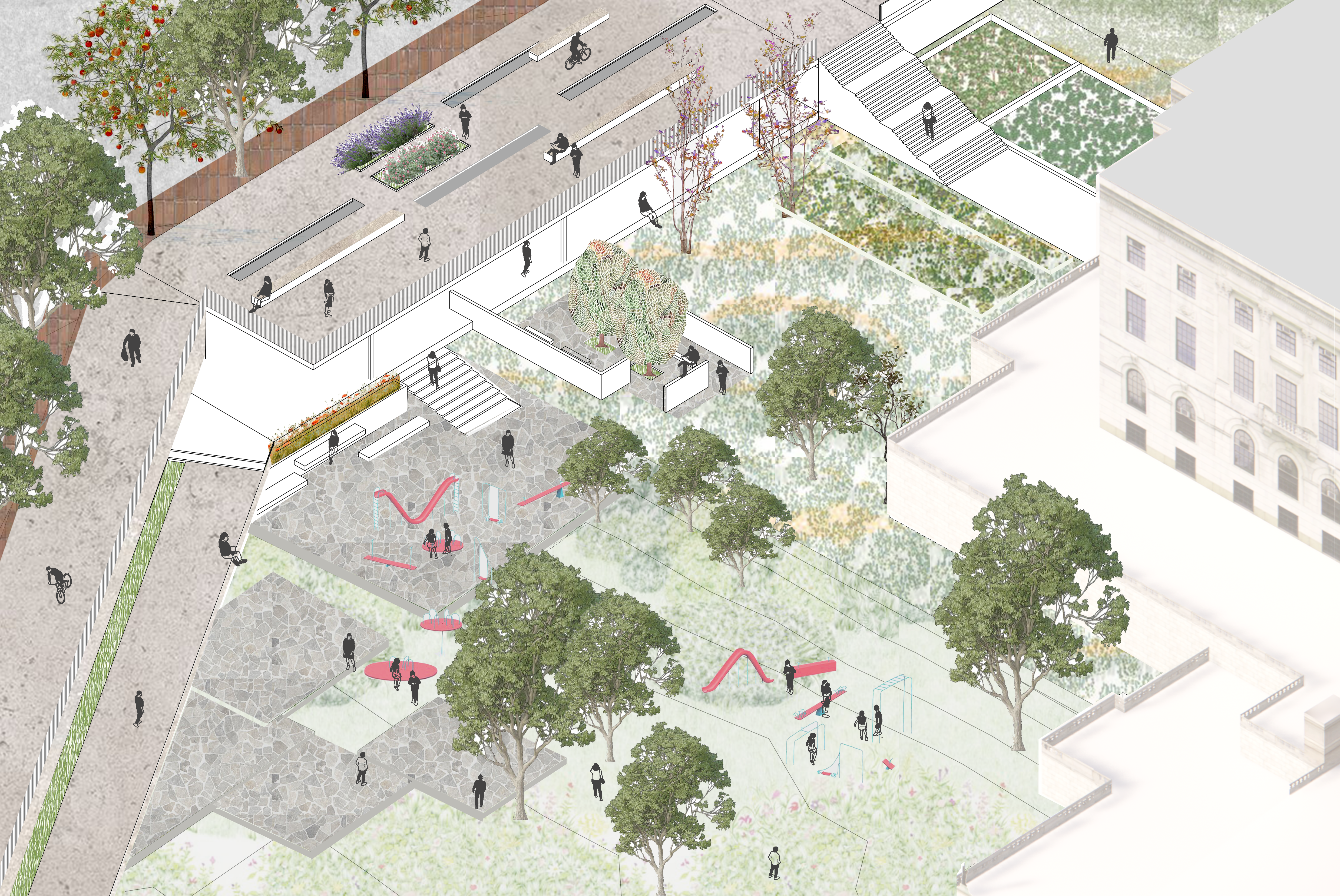 The order of the State House is disintegrated into the landscape with informal seating areas and a children’s park. A series of contemporary landscape features that include an exhibition space is featured here. Those simple walls could be used as a backdrop of State House events or temporary art exhibits. 