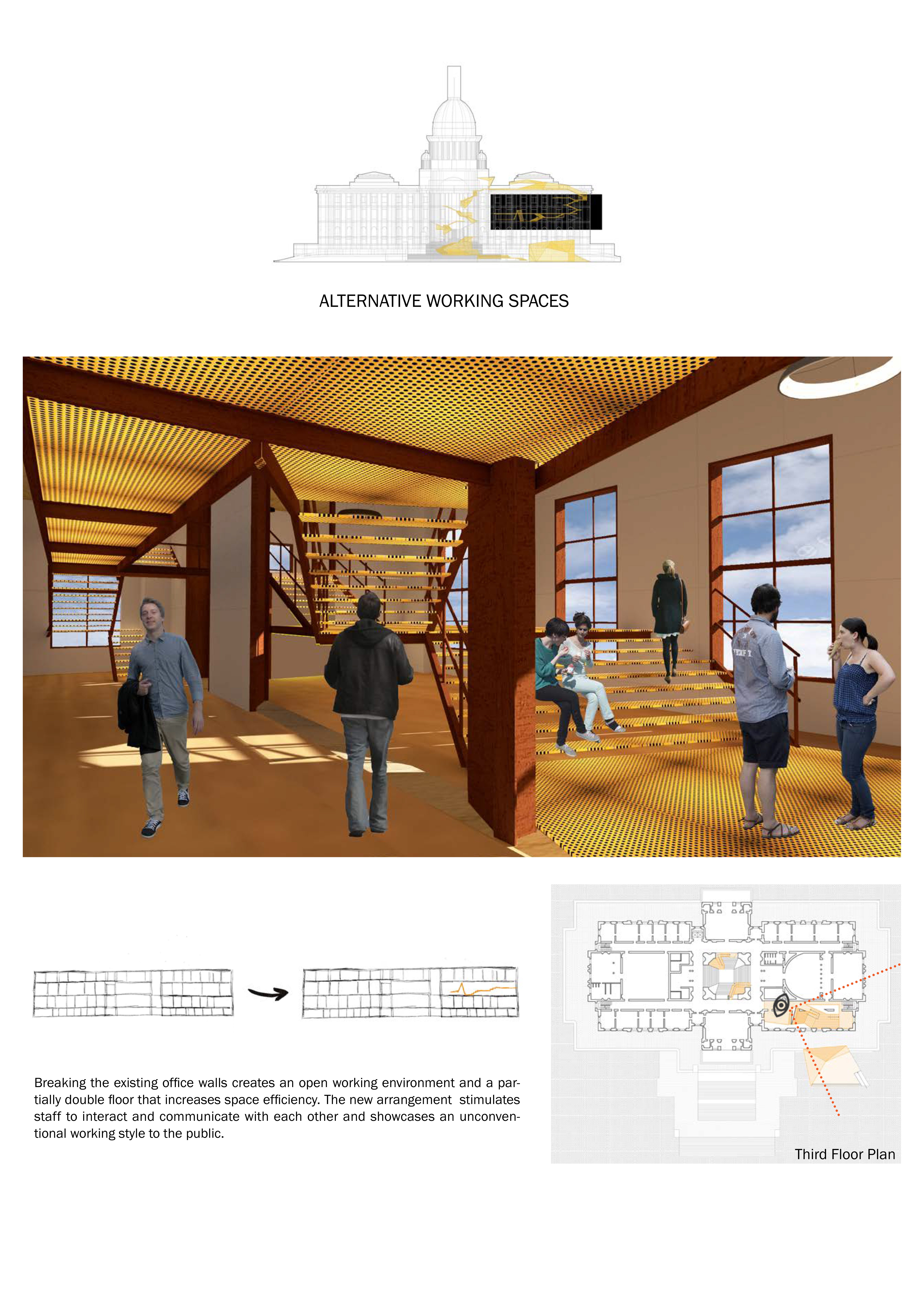 Breaking down the existing office walls creates an open working environment and an almost double height floor that increases space efficiency.