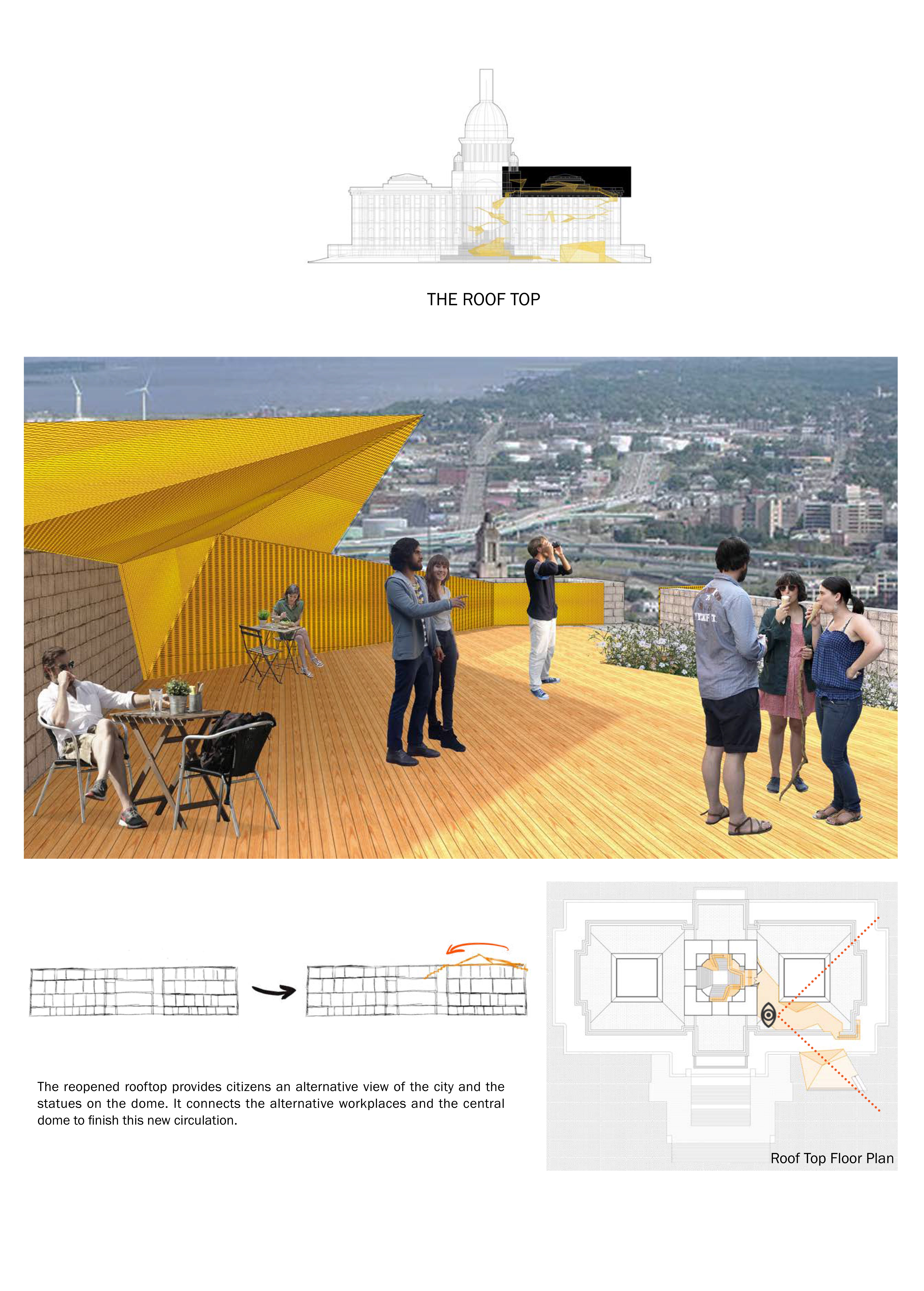 The reopened rooftop provides citizens an alternative view of the city and the statue of the Independent Man on top of the dome.