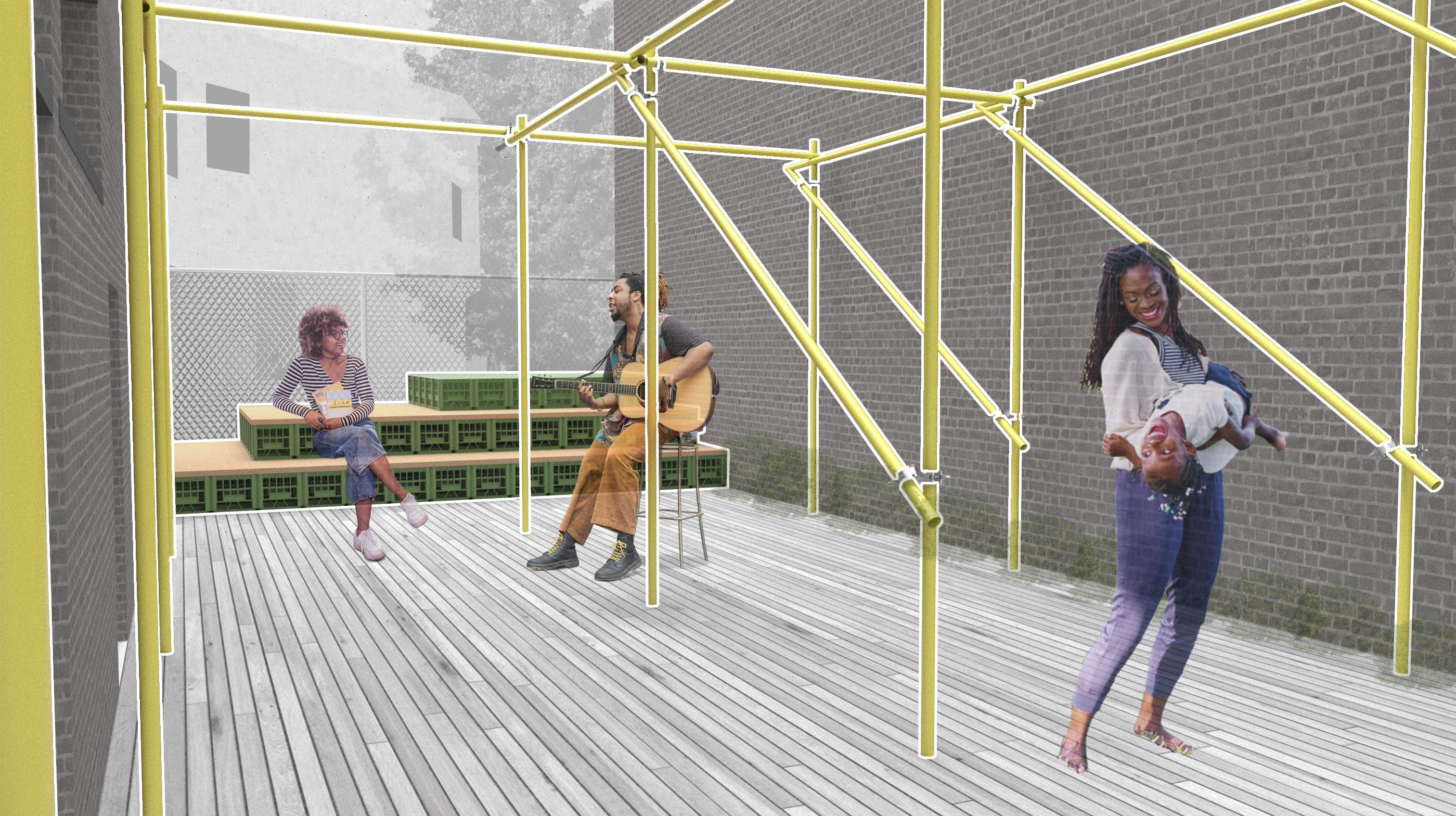 Collage image of the existing empty lot envisions the space for public use. 