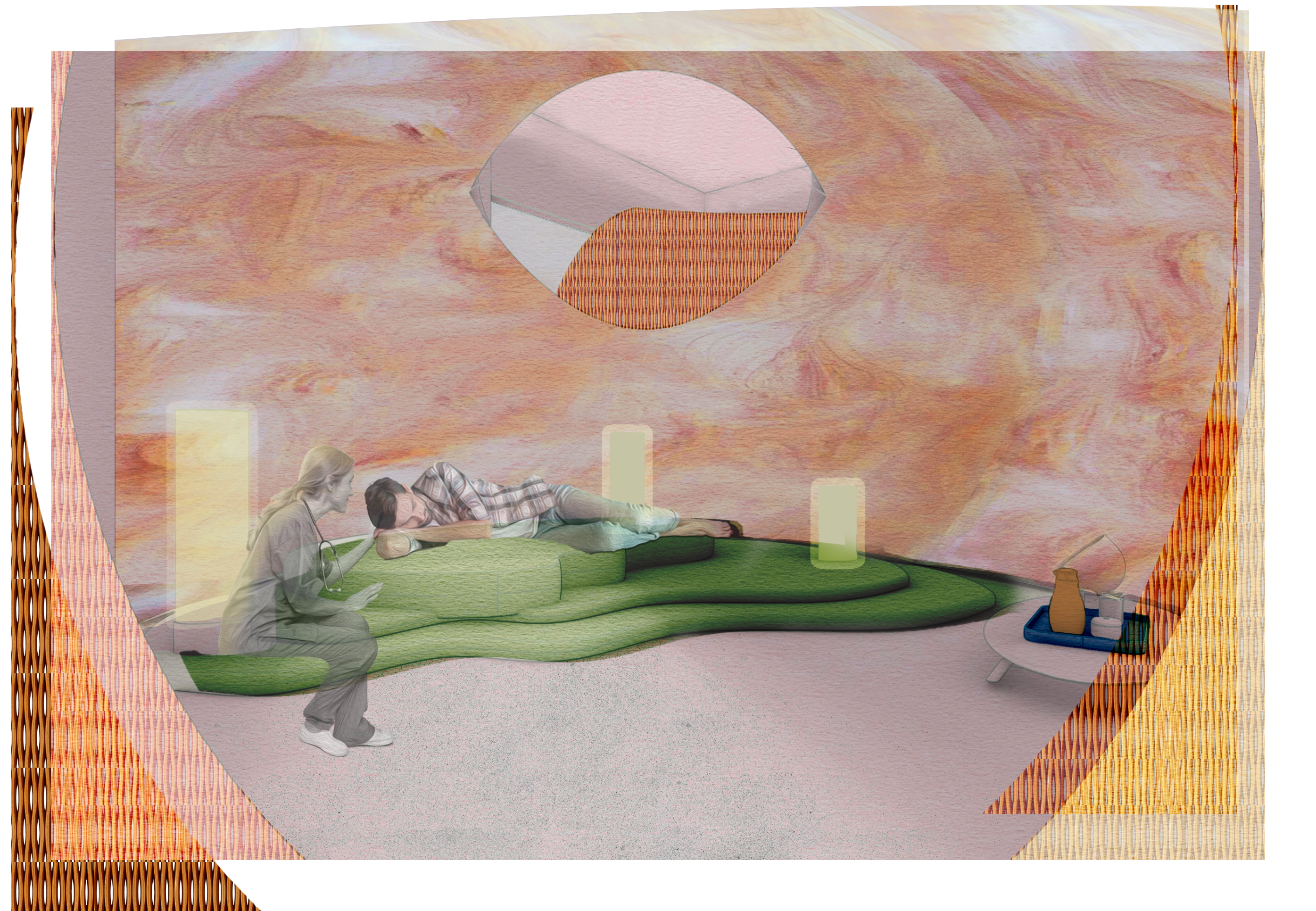 A man lays on top of a soft terranced structure, he is lightly touched by a nurse. 