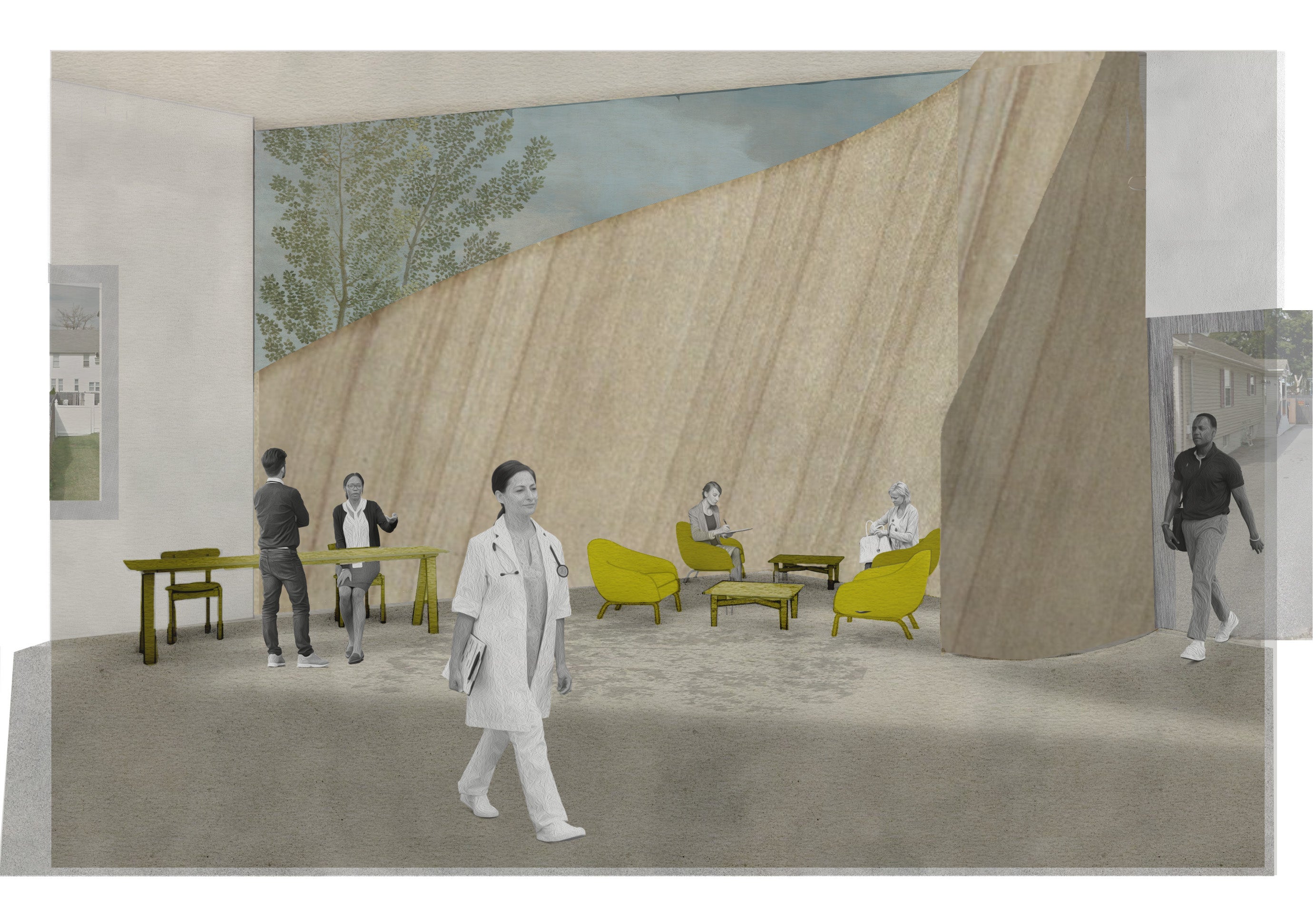 Drawing of a waiting room space full of doctors, admin, and patients