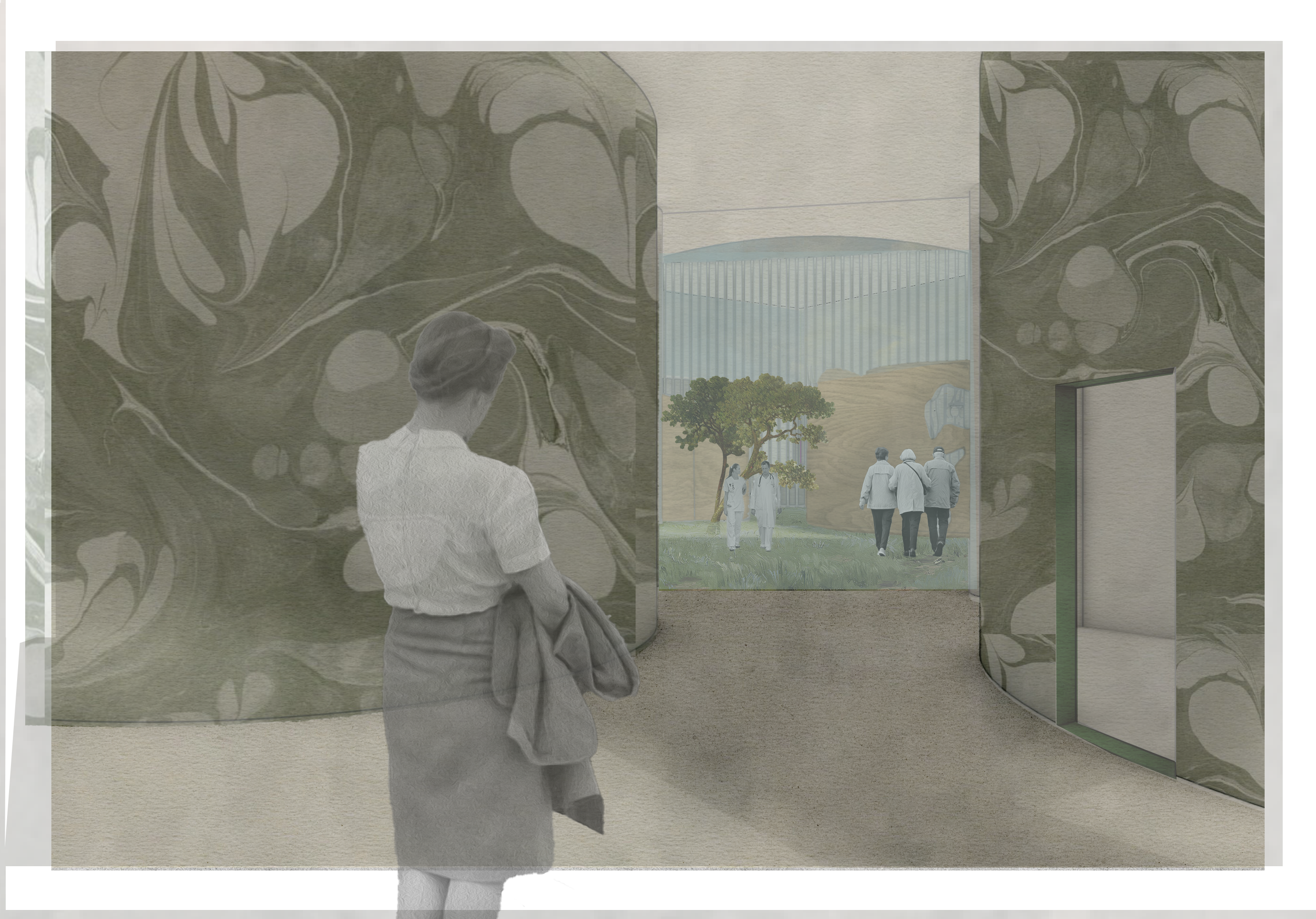 A woman looks down a hallways with curved marble walls onto a scene behind glass full of people , trees, and large wooden structures