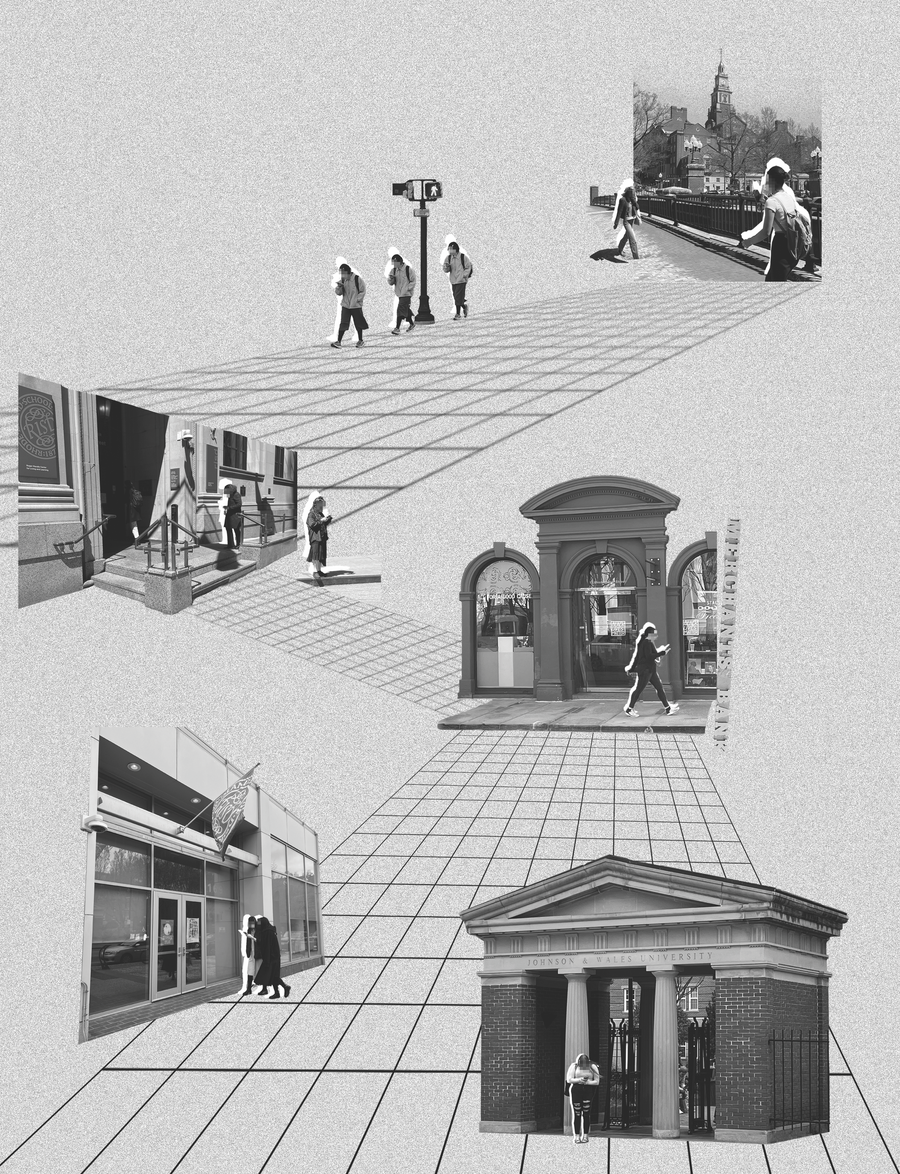 Collage of students walking from College Hill area to the downtown area, inclusive of RISD and JWU