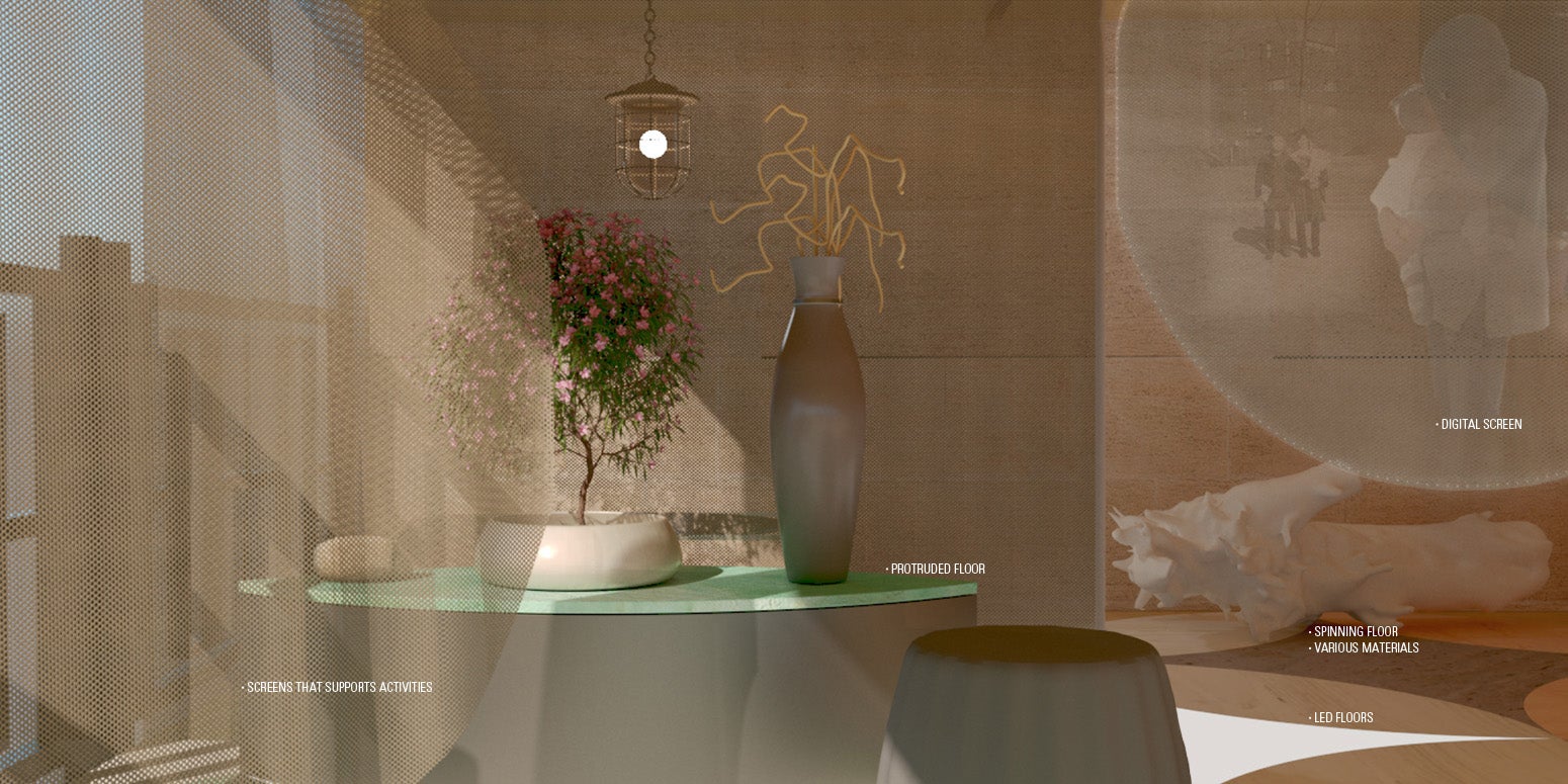 A rendered image of a detail scene of a house with the spinning, protruding, screen systems.