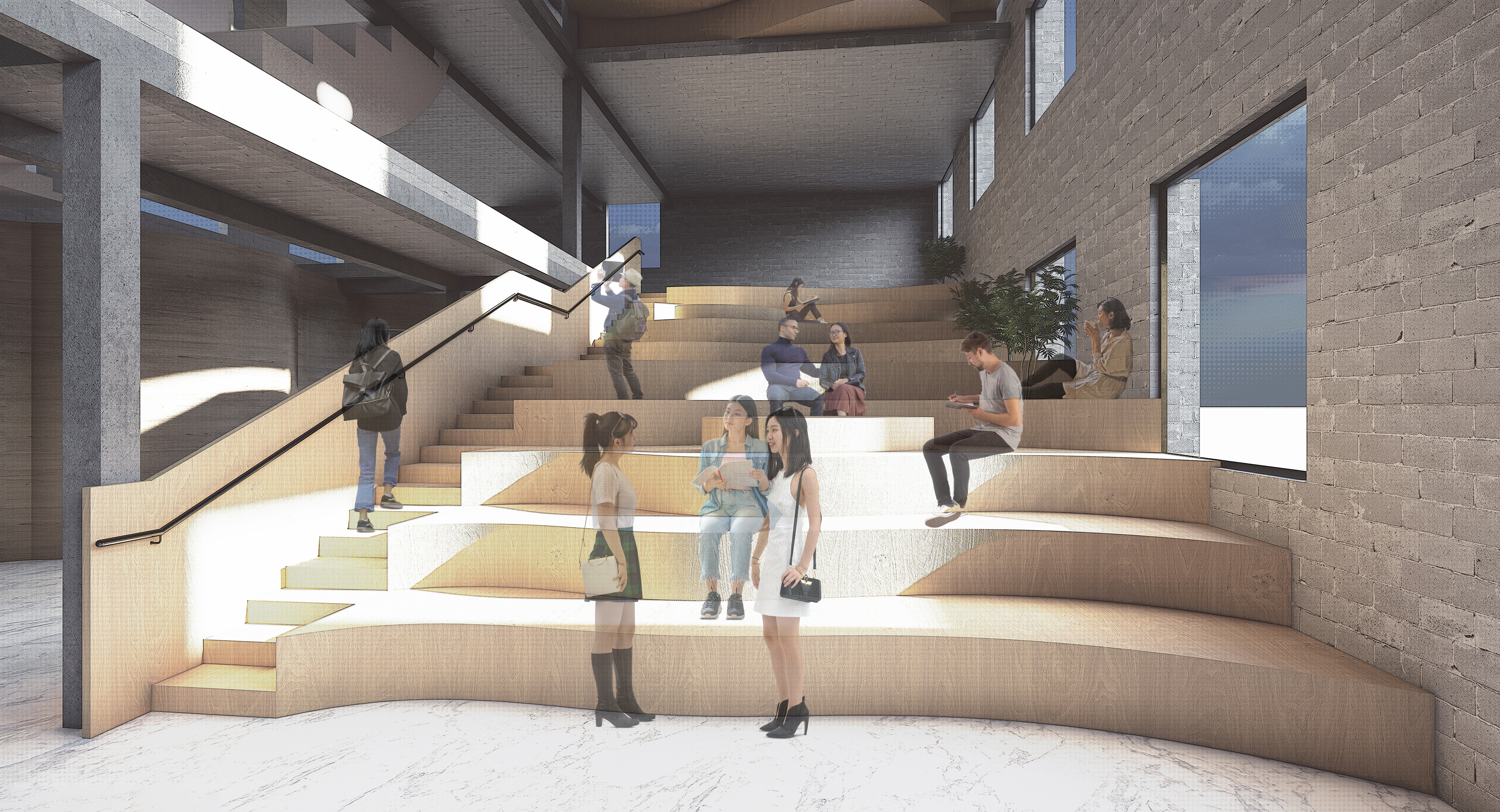 The stairs will be the place that people gather together and communicate with each other, the curve shape of the stair follows the logic of the window and facade of the site building. Additionally, the stairs will be closer to the entrance of the building which encouage people to use the stairs rather than elevators to go upstairs which people will have more chance to meet with other people.