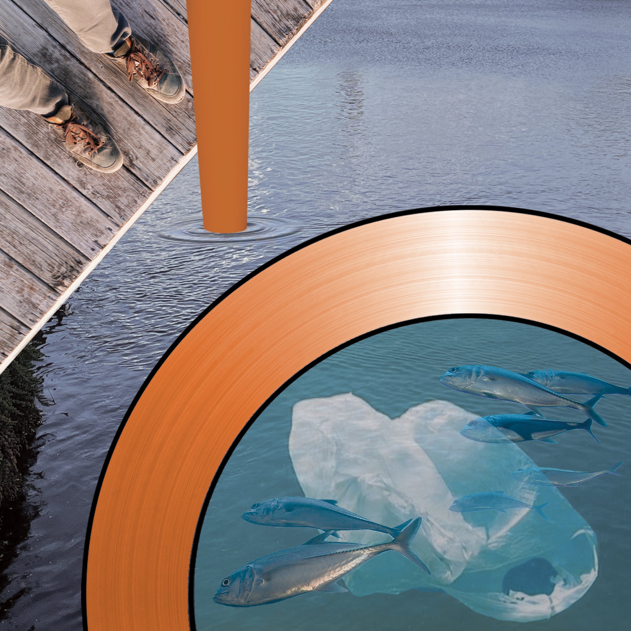 a collage showing an underwater periscope with a view of fishes and plastic litter