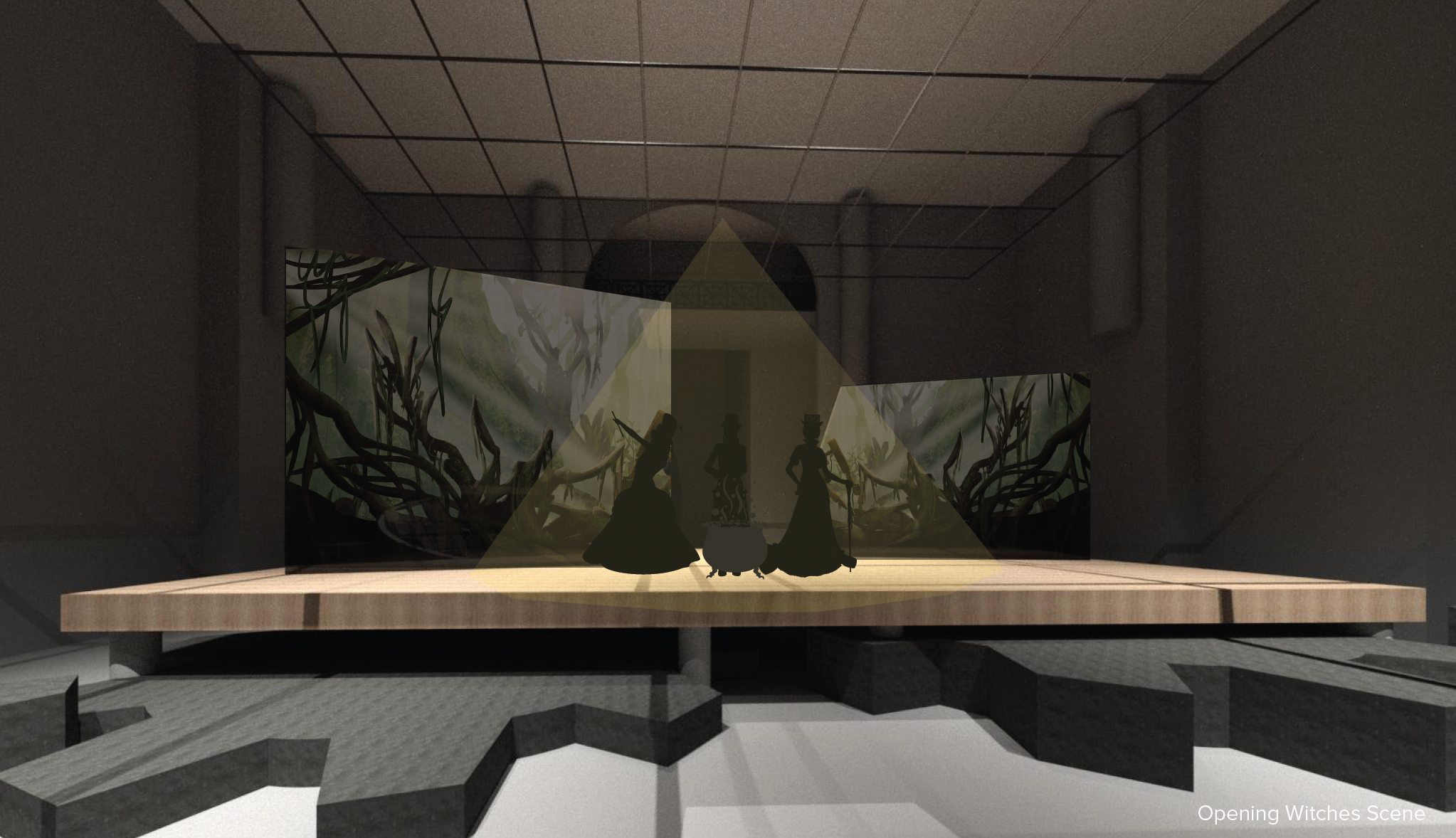 Image of three witches beginning the show with scrim walls of nature behind them
