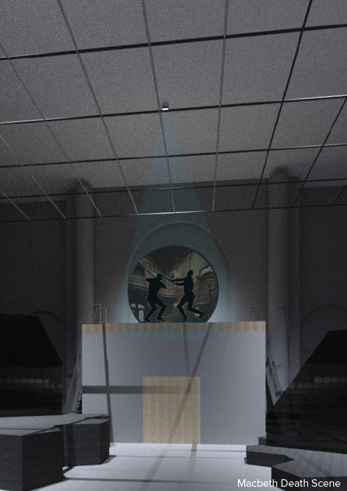 Macbeth and Macduff fight atop the entry way in from of scrim walls with projections of the castle behind them