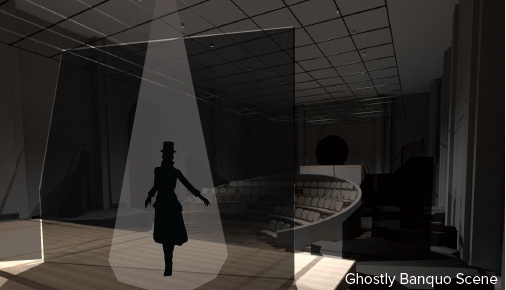 A rendering from behind the scrim, looking toward the audience, as a ghostly Banquo haunts Macbeth