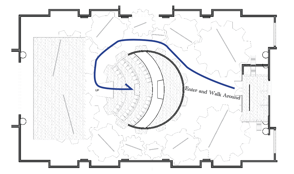 A floor plan explaing how people enter the show; they walk around the the setting area in the center, with the audience looking at one stage.