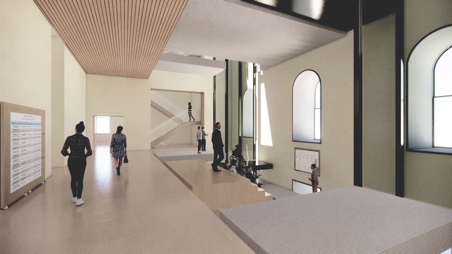 An interior rendering showing a typical condition of the activist atrium space with glass elevators, bleacher stairs, and raising platforms. 