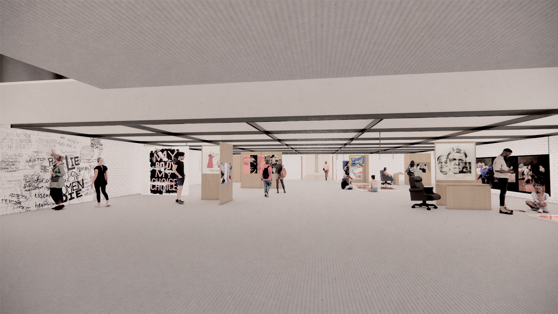 An interior rendering showing an activist art exhibition space where there is a ceiling track system and movable wall panels, so that artists can create art and display art in this space however they want. 