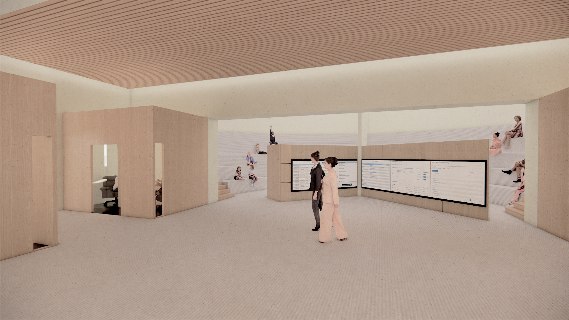 An interior rendering that shows the education space where there are individual mock meeting rooms and two large seminar rooms with bleacher seating. 
