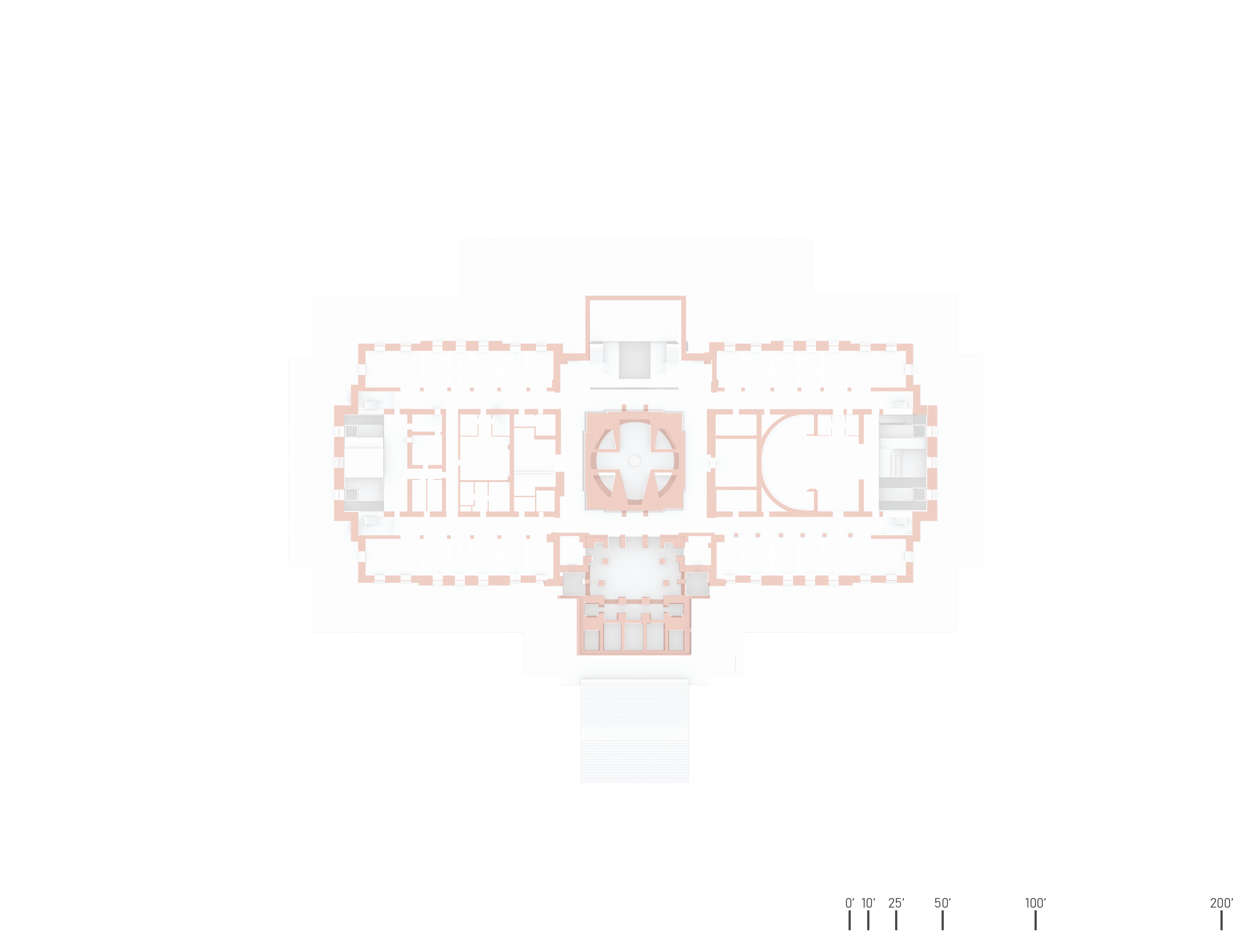 A floor plan of the lower level that highlights the activist atrium spaces and office pods.