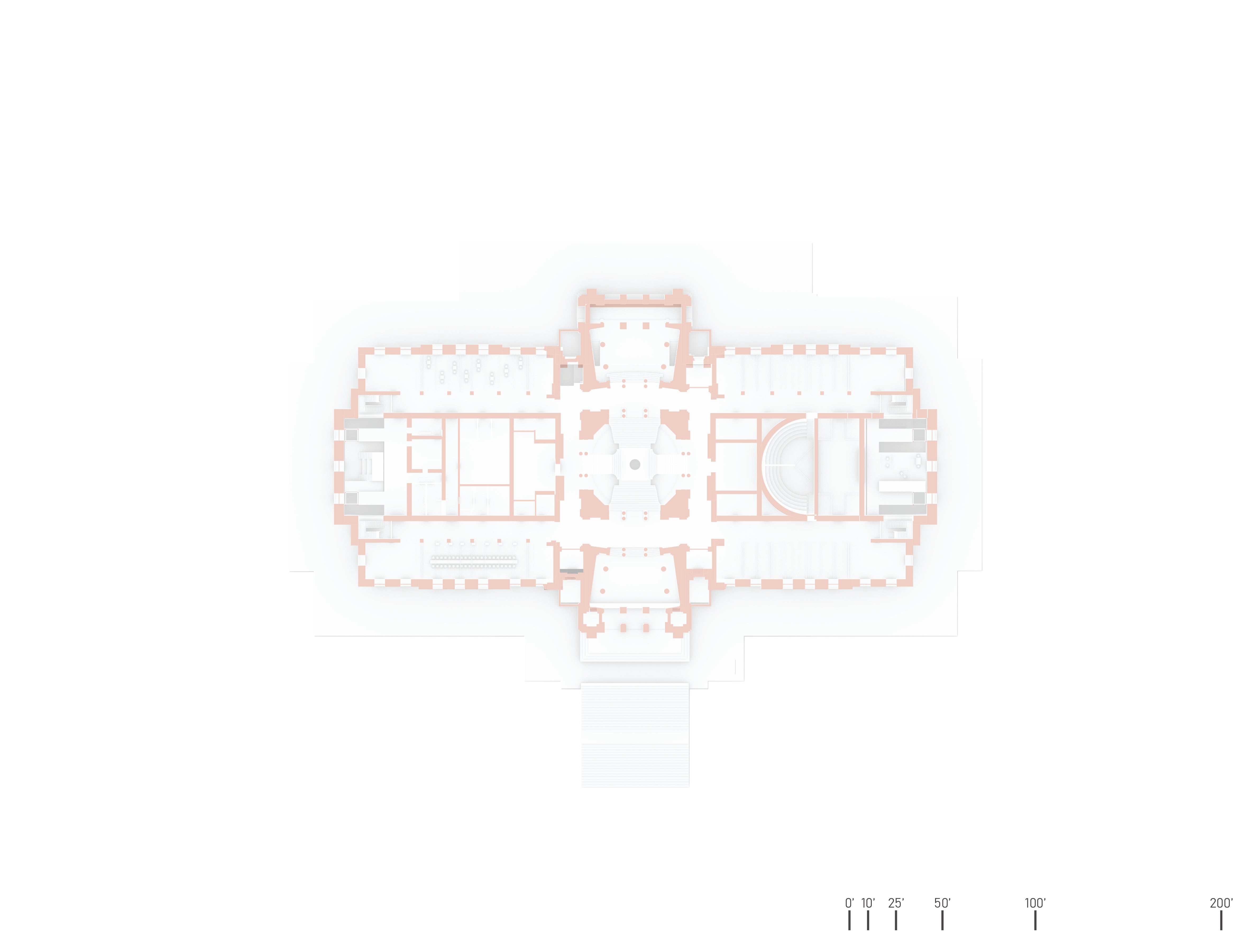 A floor plan of the first floor that highlights the activist atriums, activist education spaces, and office pods that act as legislative meeting areas. 