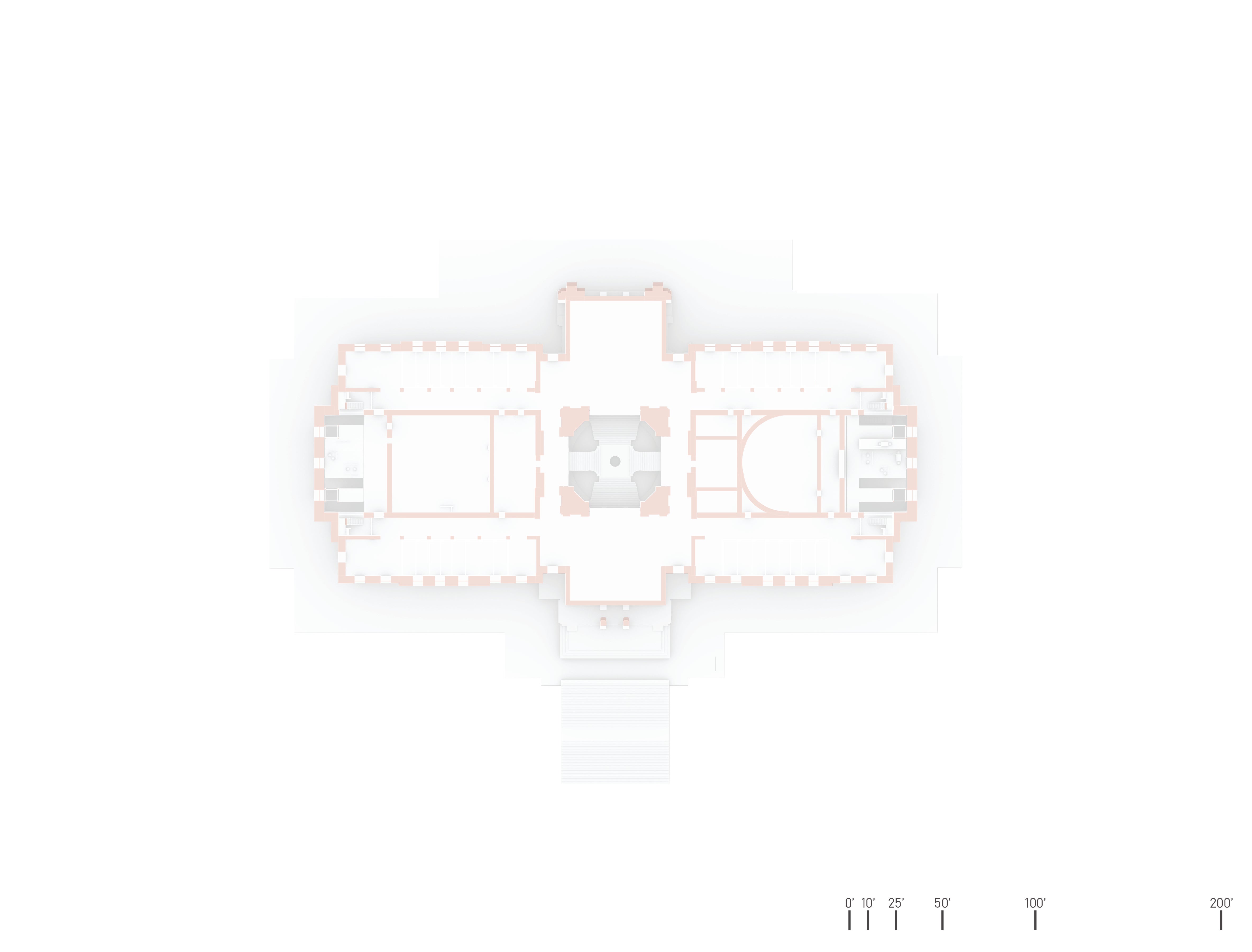 A floor plan of the second floor that highlights the existing house and senate chambers, activist atriums, and office pods that act as hearing rooms. 