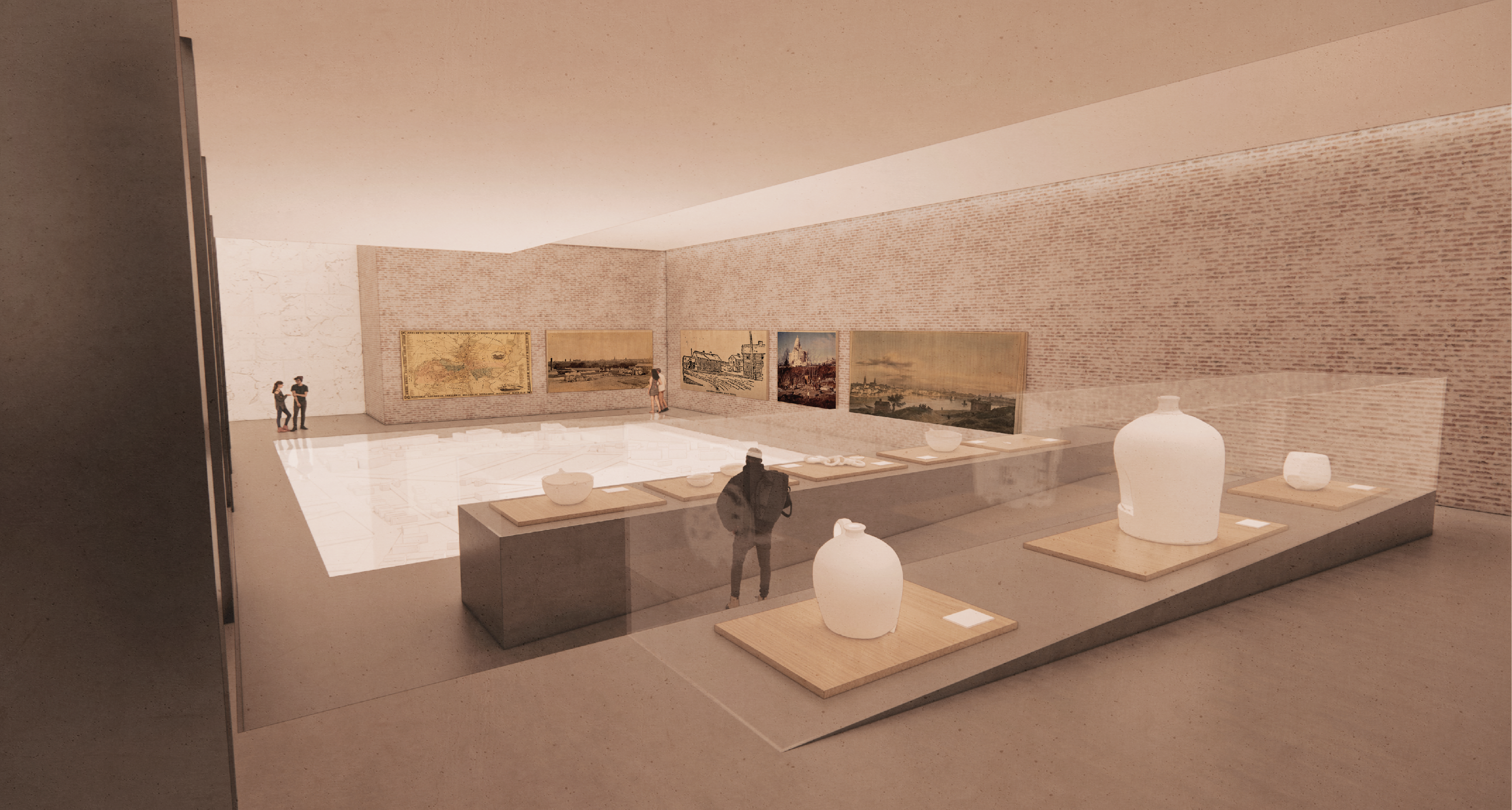 A perspective view which shows the ramped display cases as well as the embedded scale model of the historic condition of Smith Hill, including the Snowtown Neighborhood condition.