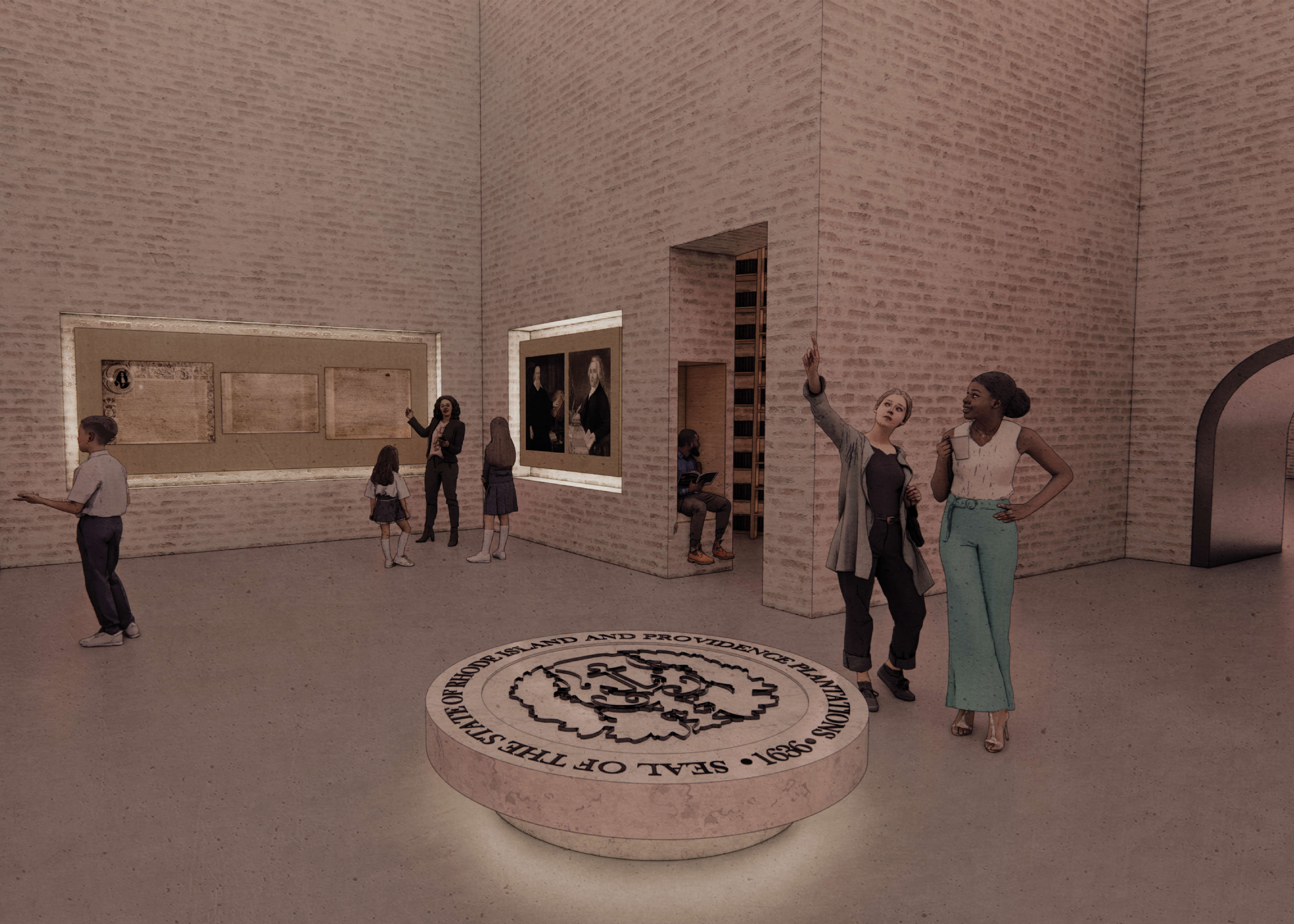 A perspective which shows the exhibition space for the former Rhode Island State Seal, information as to why the seal was changed, as well as the state Charter.