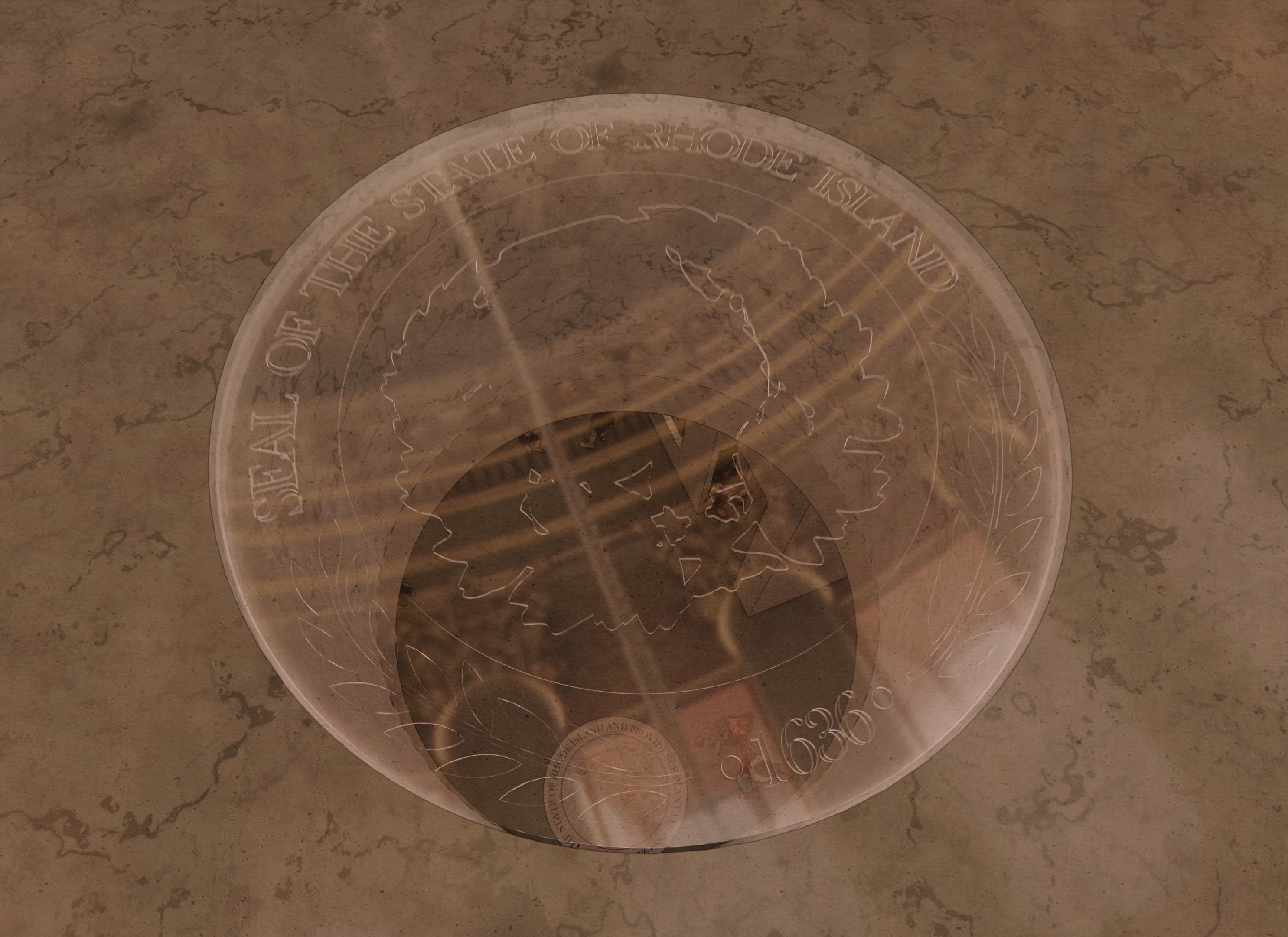 A perspective showing the view of a visitor from the central stair beneath the dome of the State House and looks down into the seal exhibition space.