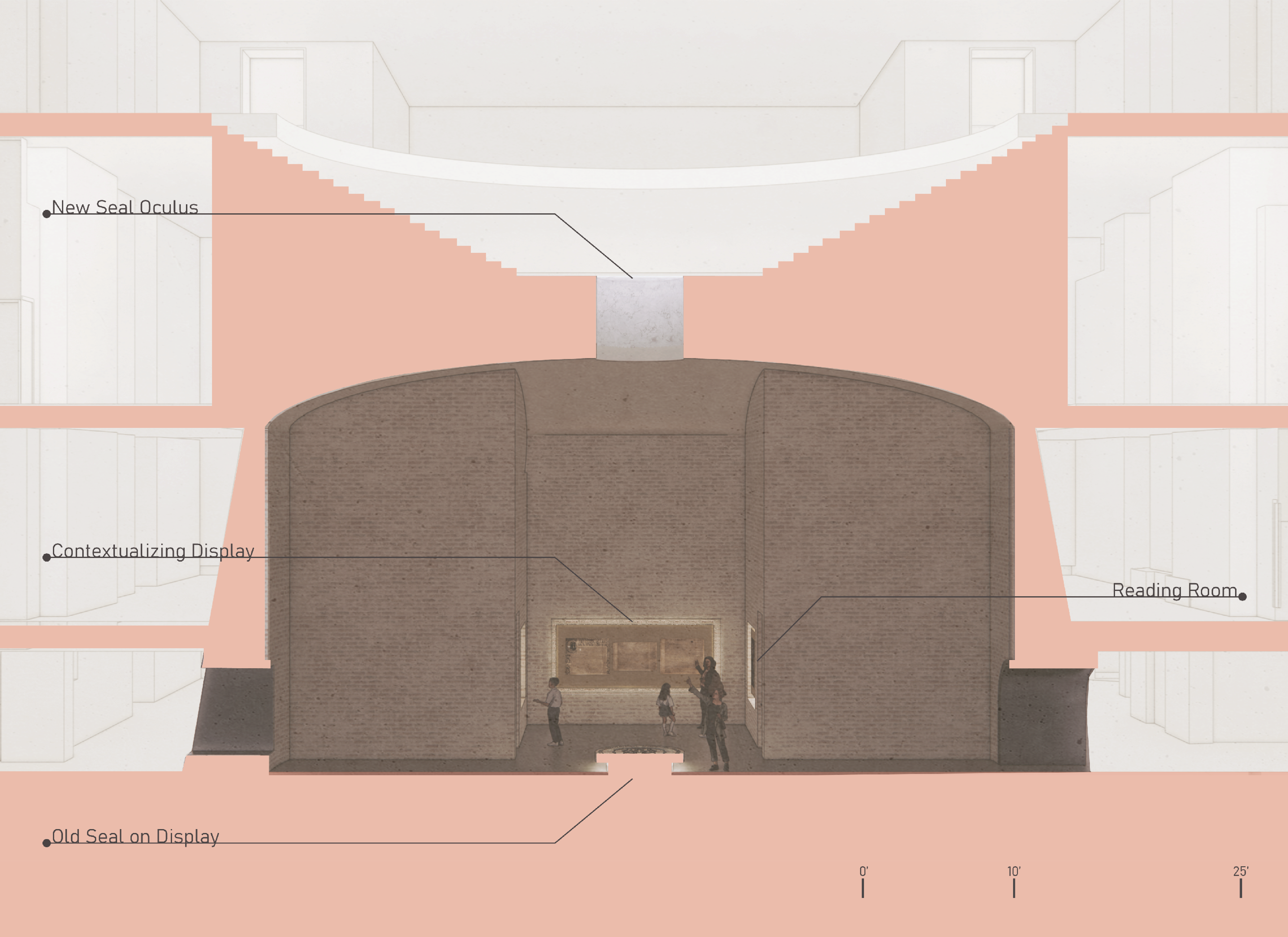 The image is a section through the central pyramid structure in which the seal exhibition space exists.