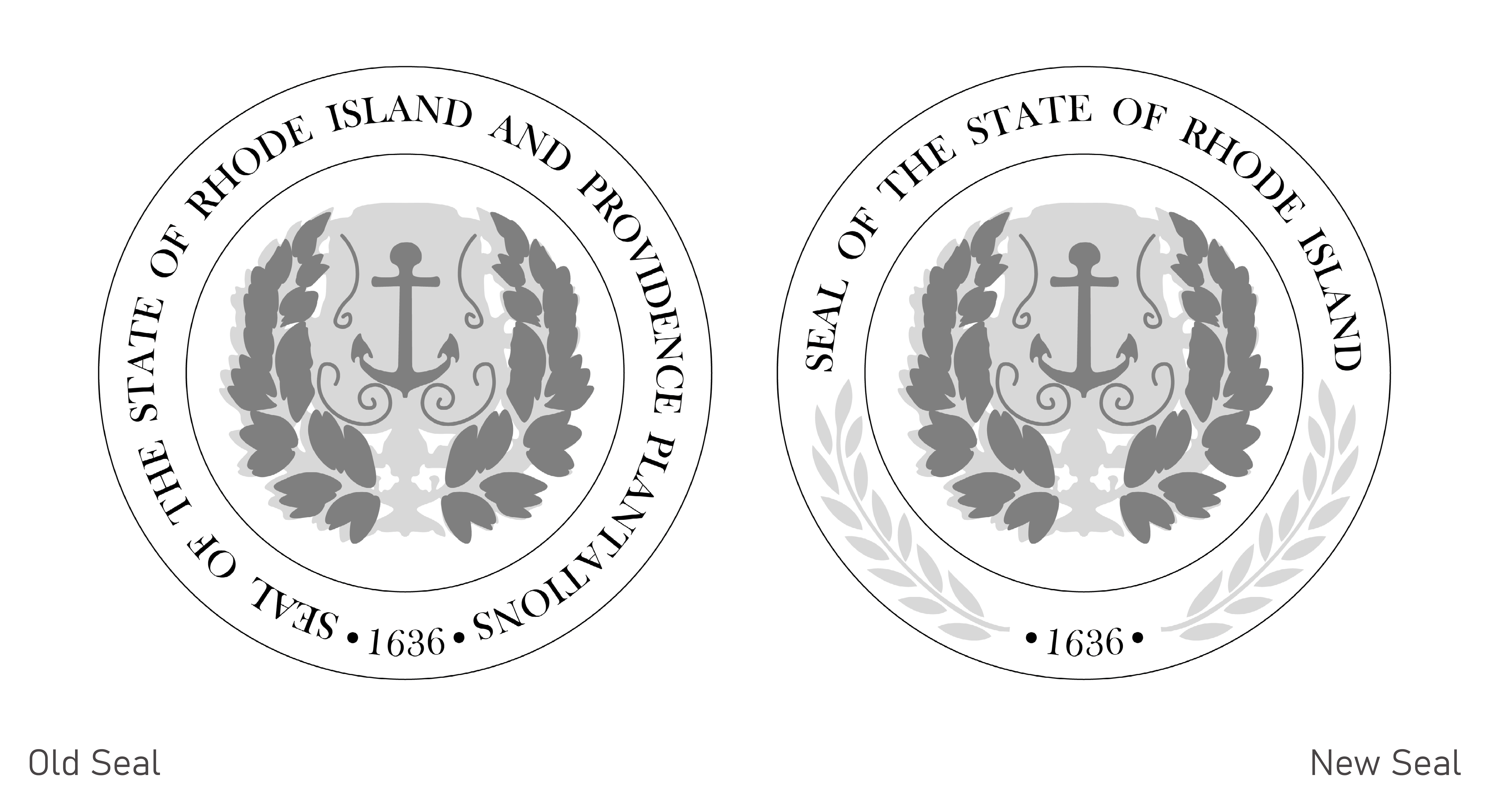 A graphic demonstrating the original Rhode Island State Seal as well as a proposed Seal change which would no longer include ‘Providence Plantations’.