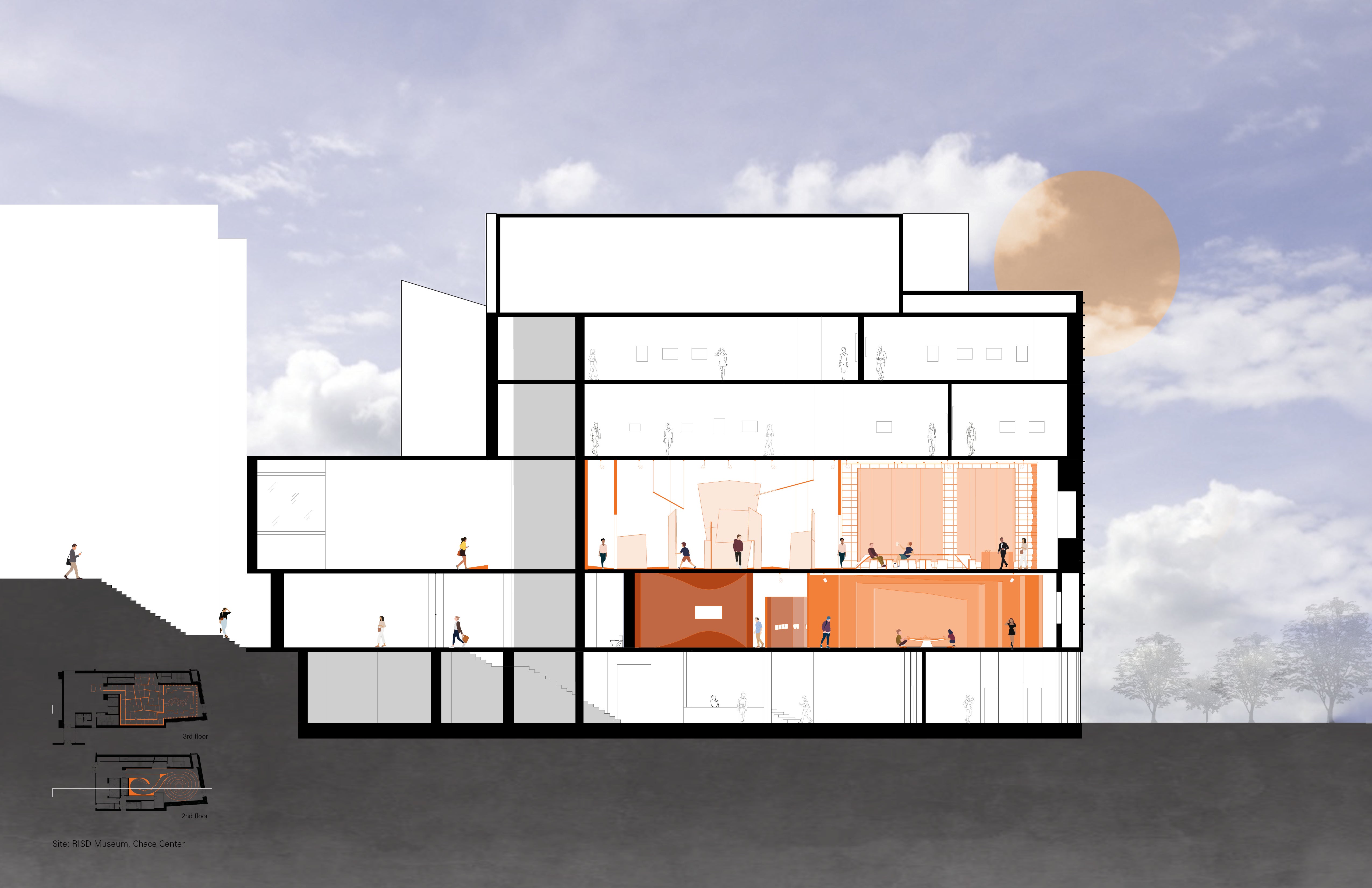 Proposed section and floor plans for the RISD Museum, Chace Center