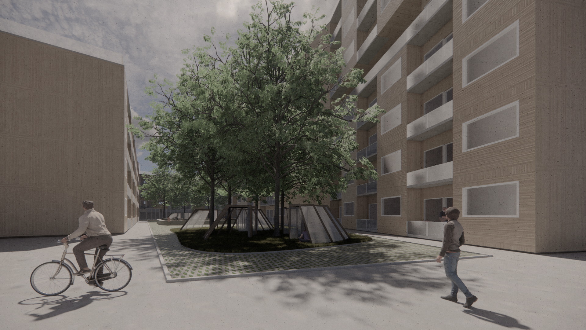 This view highlights the space allotted for community engagement within the courtyard.