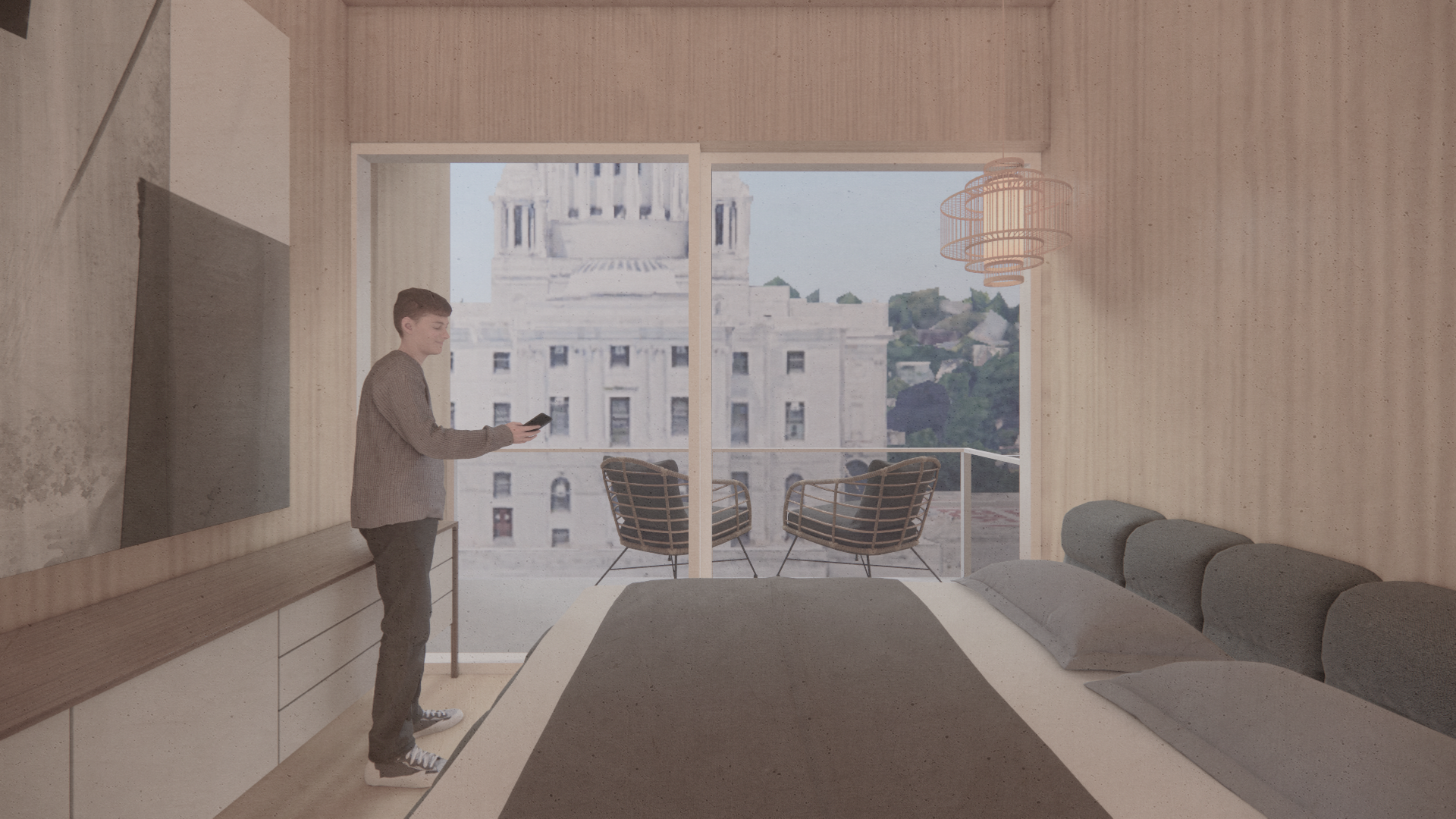 This last view shows the interior of a one bedroom unit that faces the State House. 
