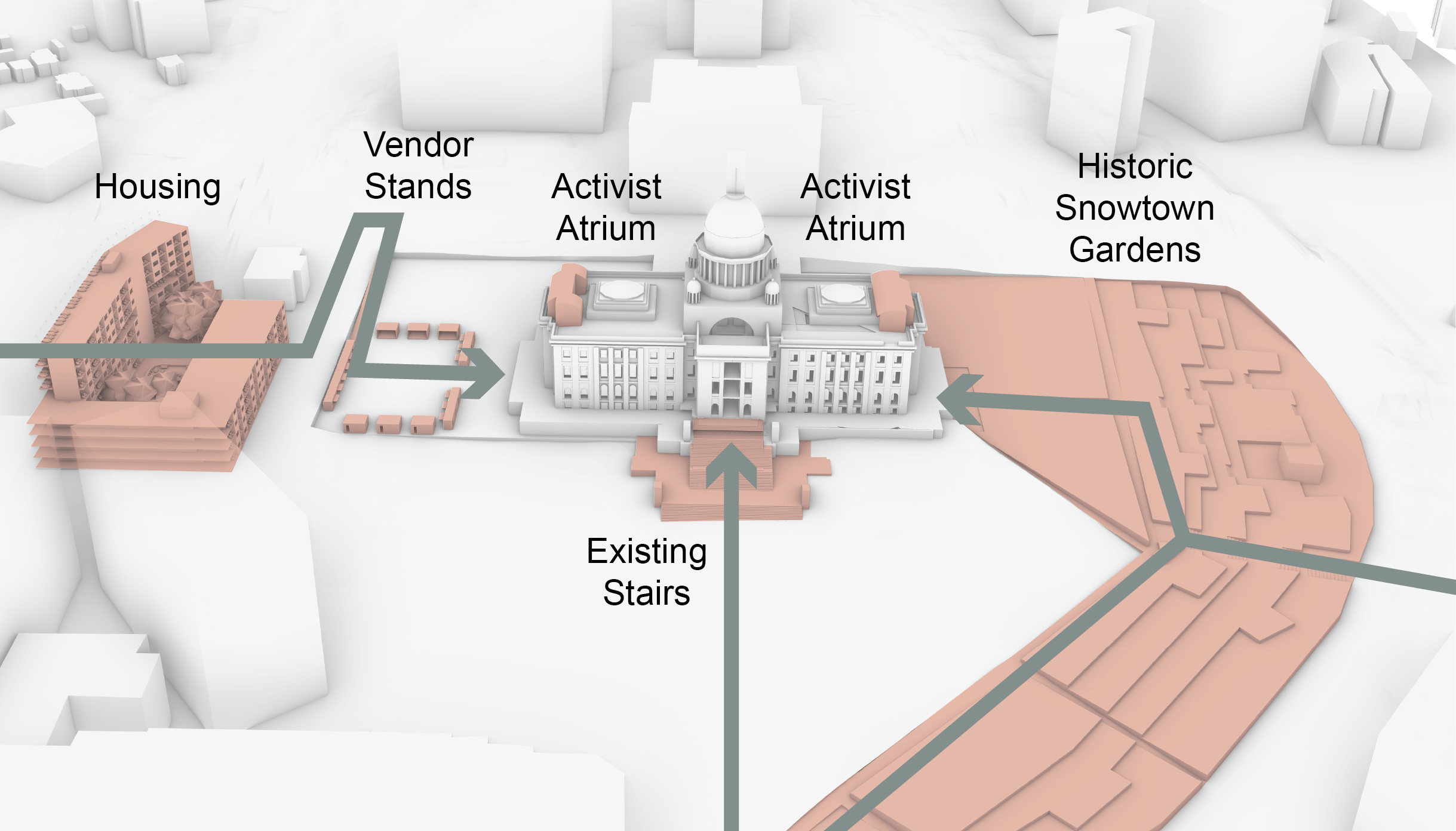 This diagram highlights the proposed structures and connections being created around the Rhode Island State House.