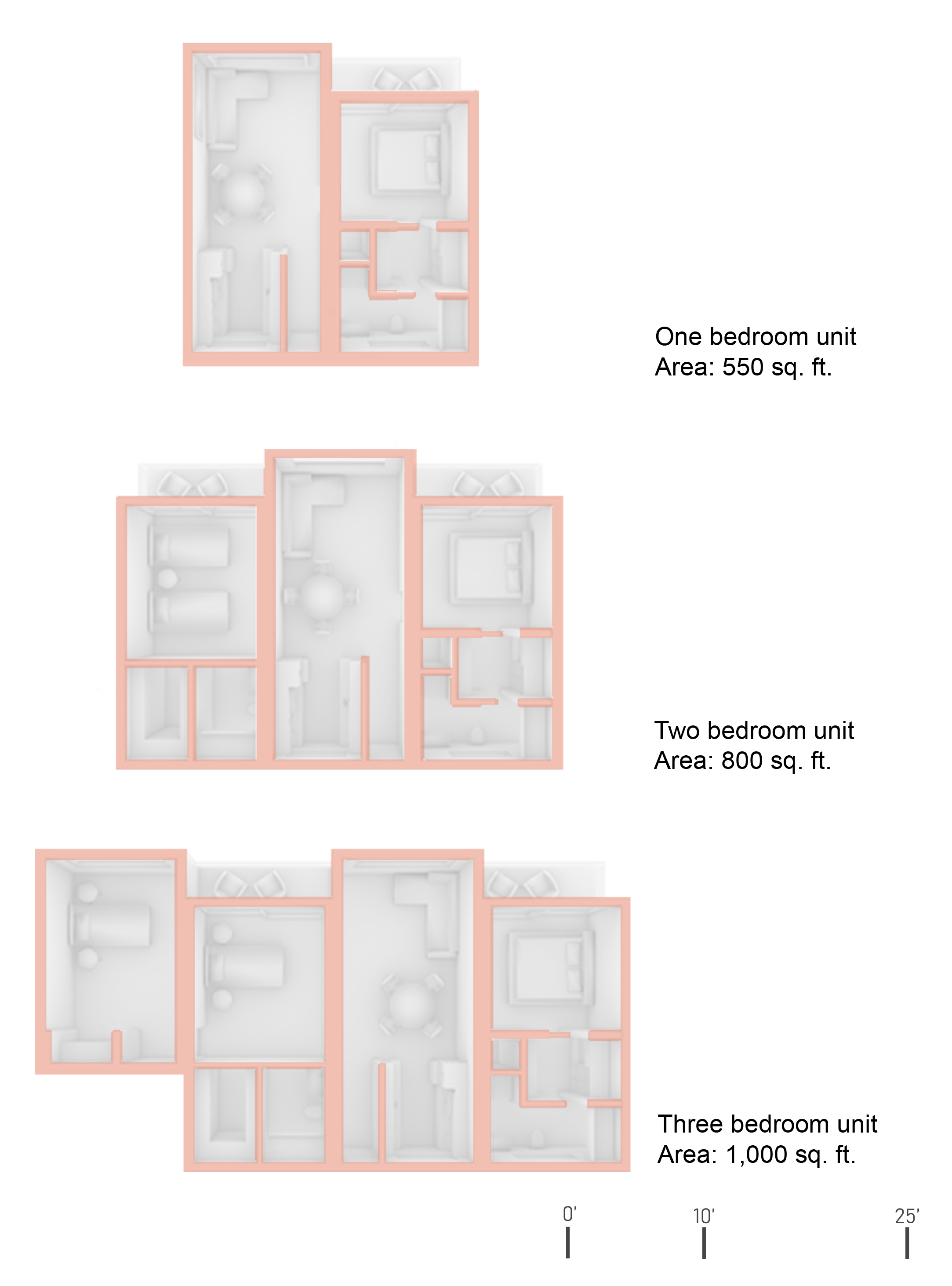 The diagram above highlights the different types of units in the complex ranging from one, two, or three bedrooms. 