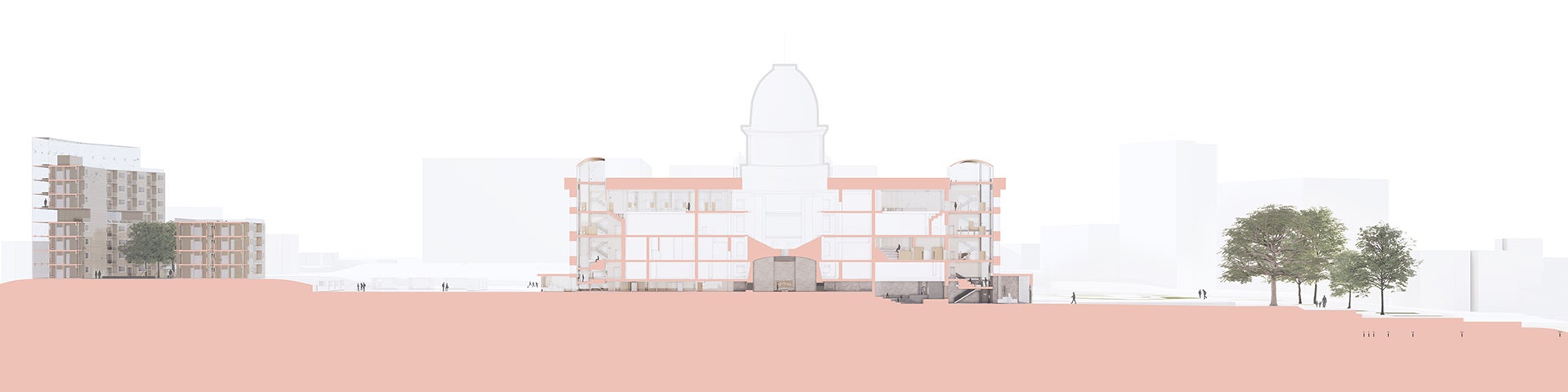 The section perspective highlights the relationship between the proposed housing complex, the west lawn community space, the existing state house along with the interventions and the proposed snowtown gardens. 