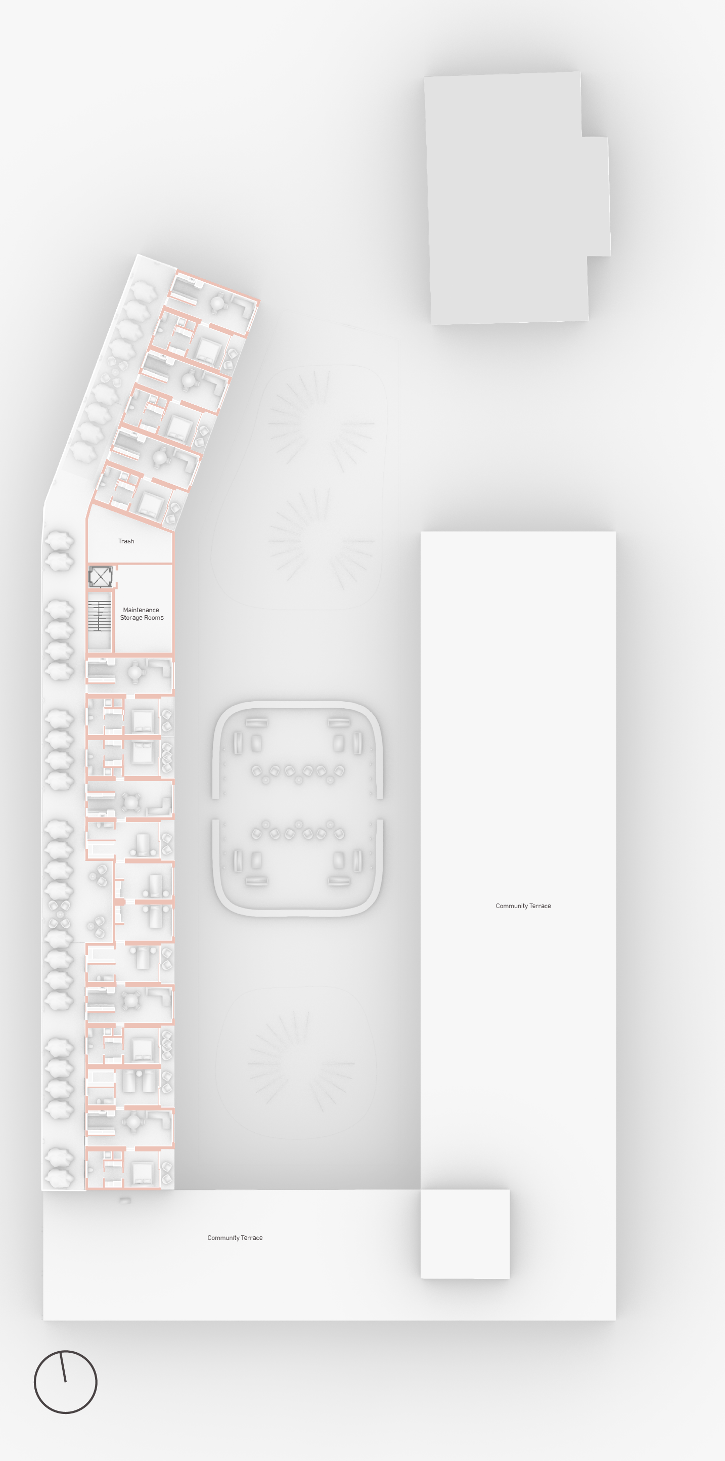This floor plan demonstrates the fifth floor plan of the housing complex. This showcases the grand terrace in an “L shape” that faces towards the State House.