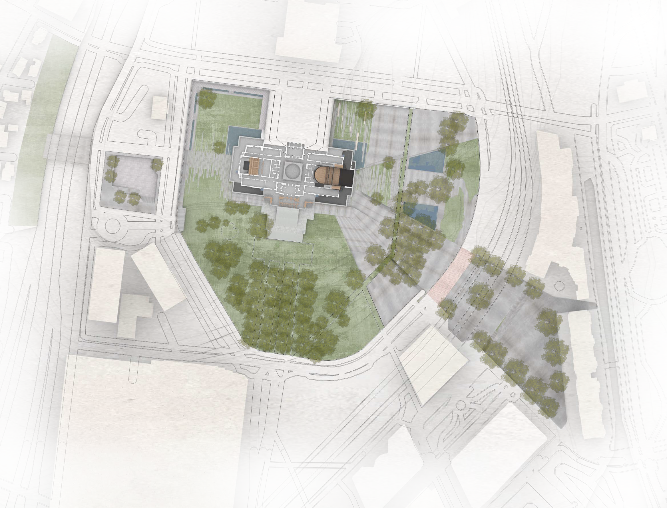 To help overcome the physical isolation of Rhode Islands's State House from its surrounding urban context the project proposes to weave into it a State House Cultural Center dedicated to three main areas to the arts, theater, and education,