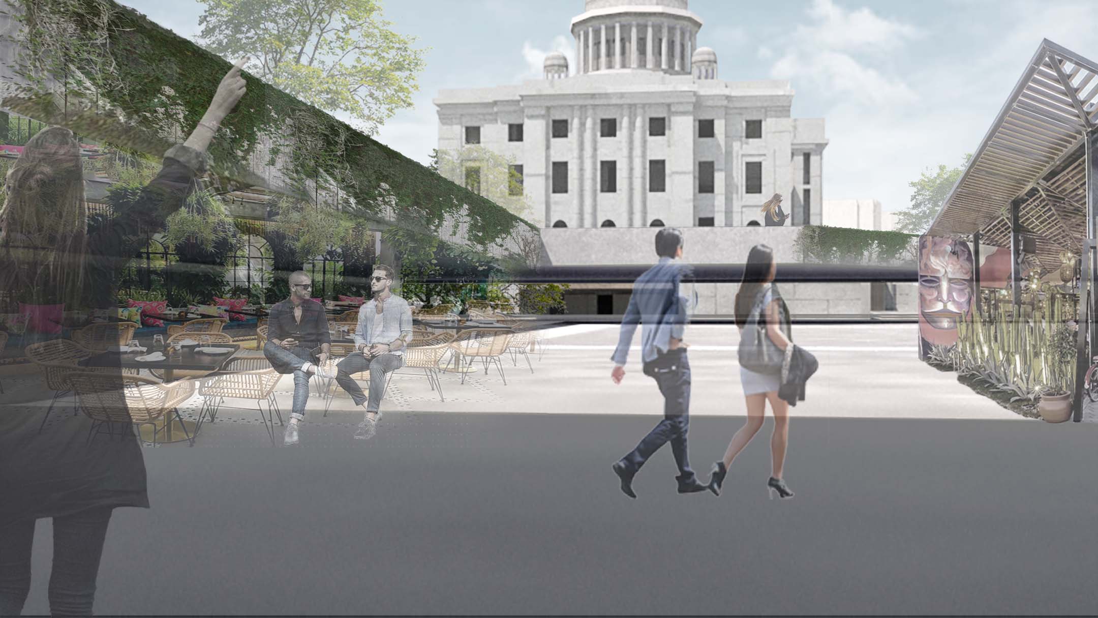 Render view of the open plaza located on the west axis of the building, connecting with The Vets Theater located across the street.