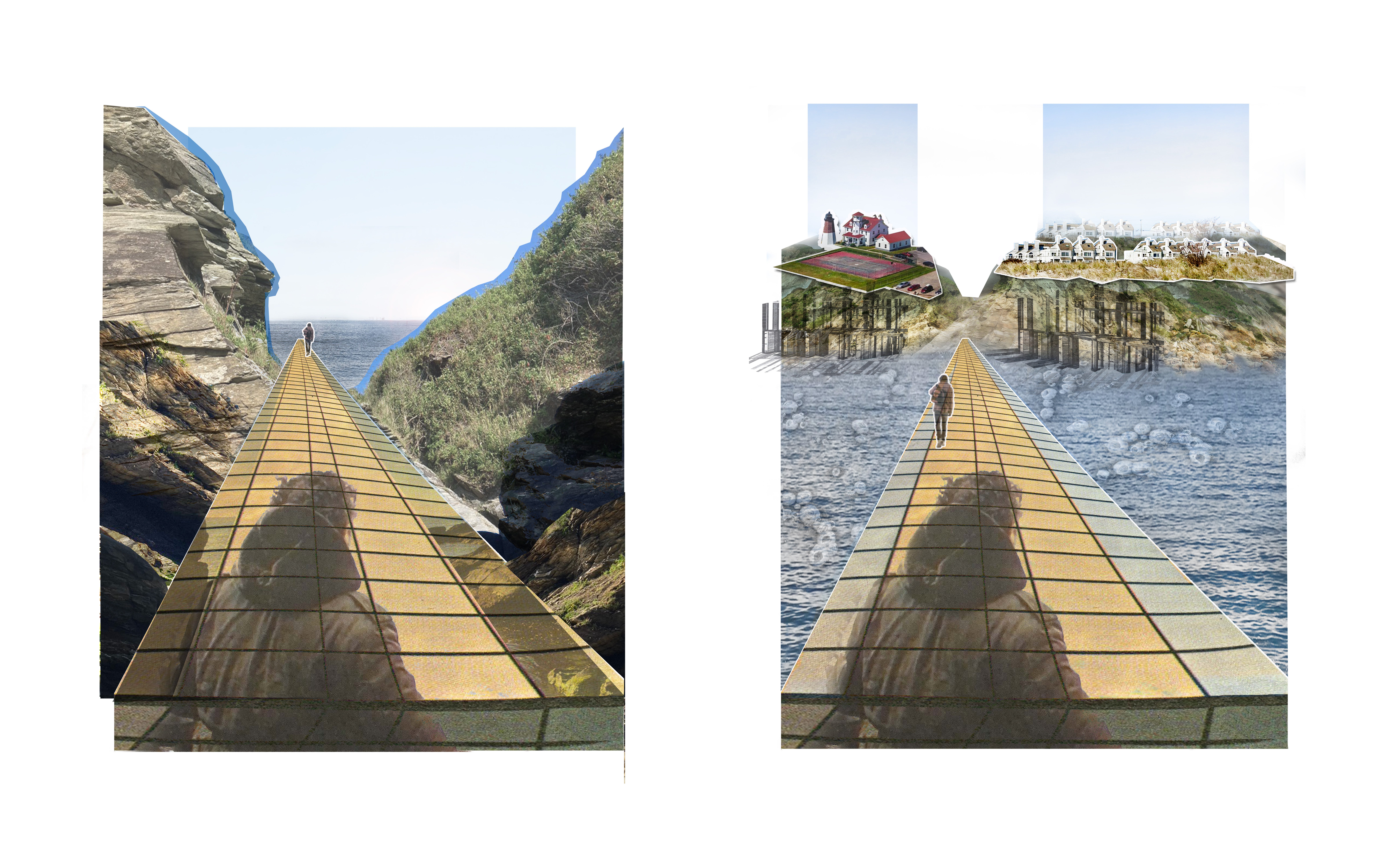 Two portrait oriented collages face toward the sea and back toward shore to reveal different visual and scalar perceptions of imposition on land and sea