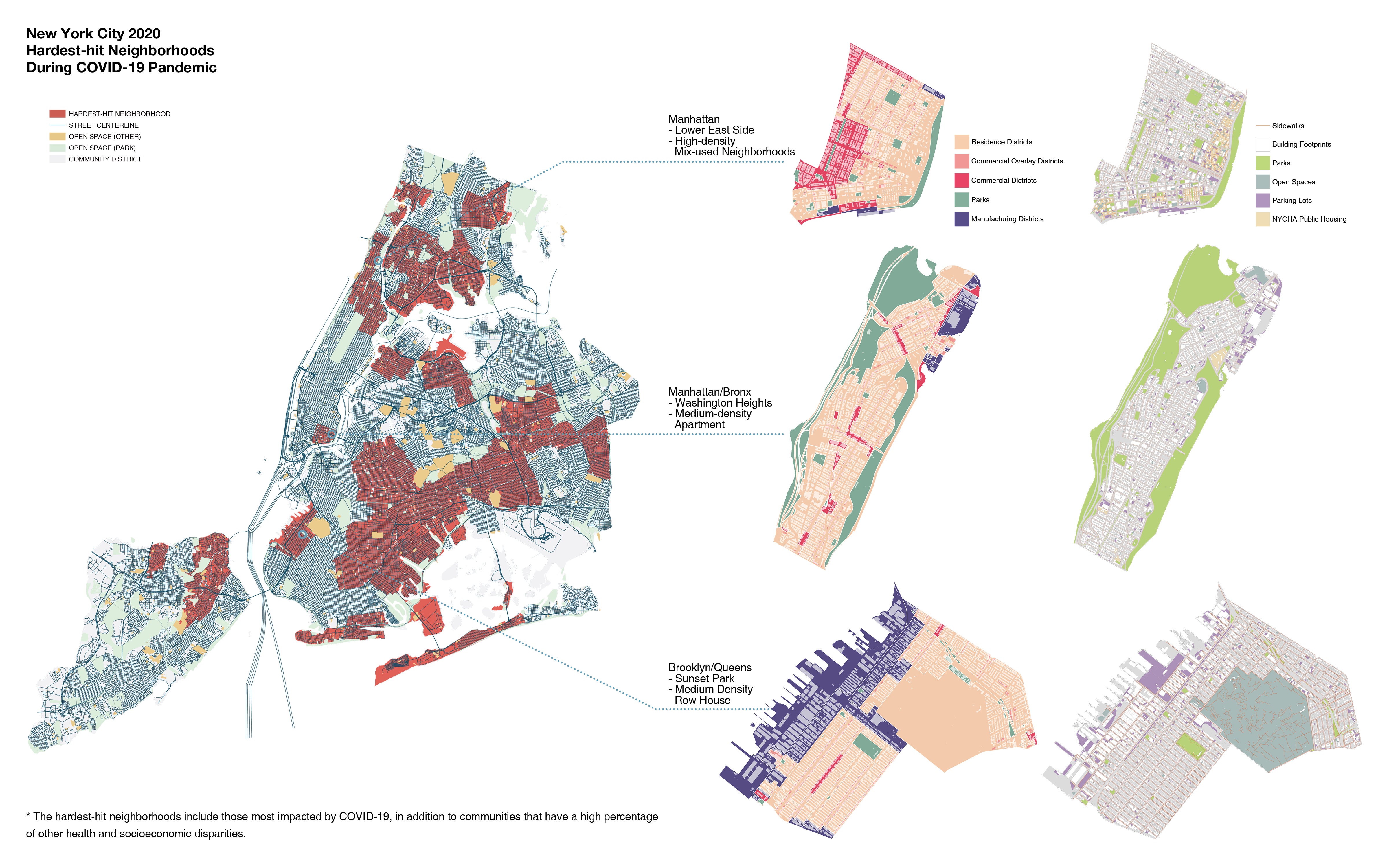 A mapping of the existing urban open space distribution with the hardest-hit neighborhoods of NYC during the COVID-19 pandemic, and three typical districts.