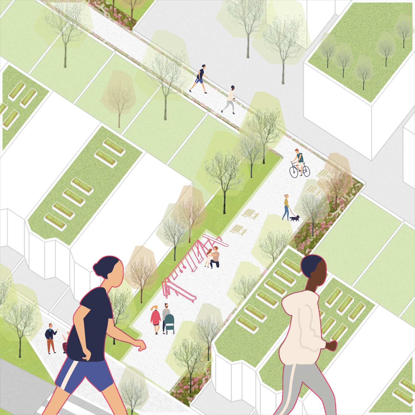A lively streetside open space with vegetation, playground equipments, and dining tables, connecting with a green way inside the block.