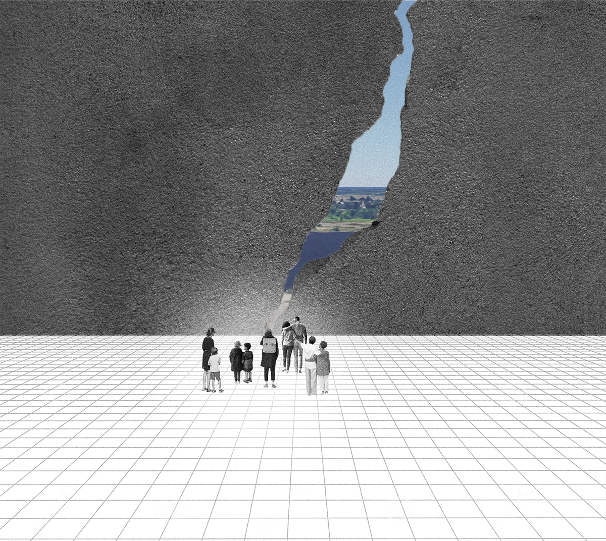 Concept collage, people standing in front of a giant crack, on the other side of the crack is providence harbor