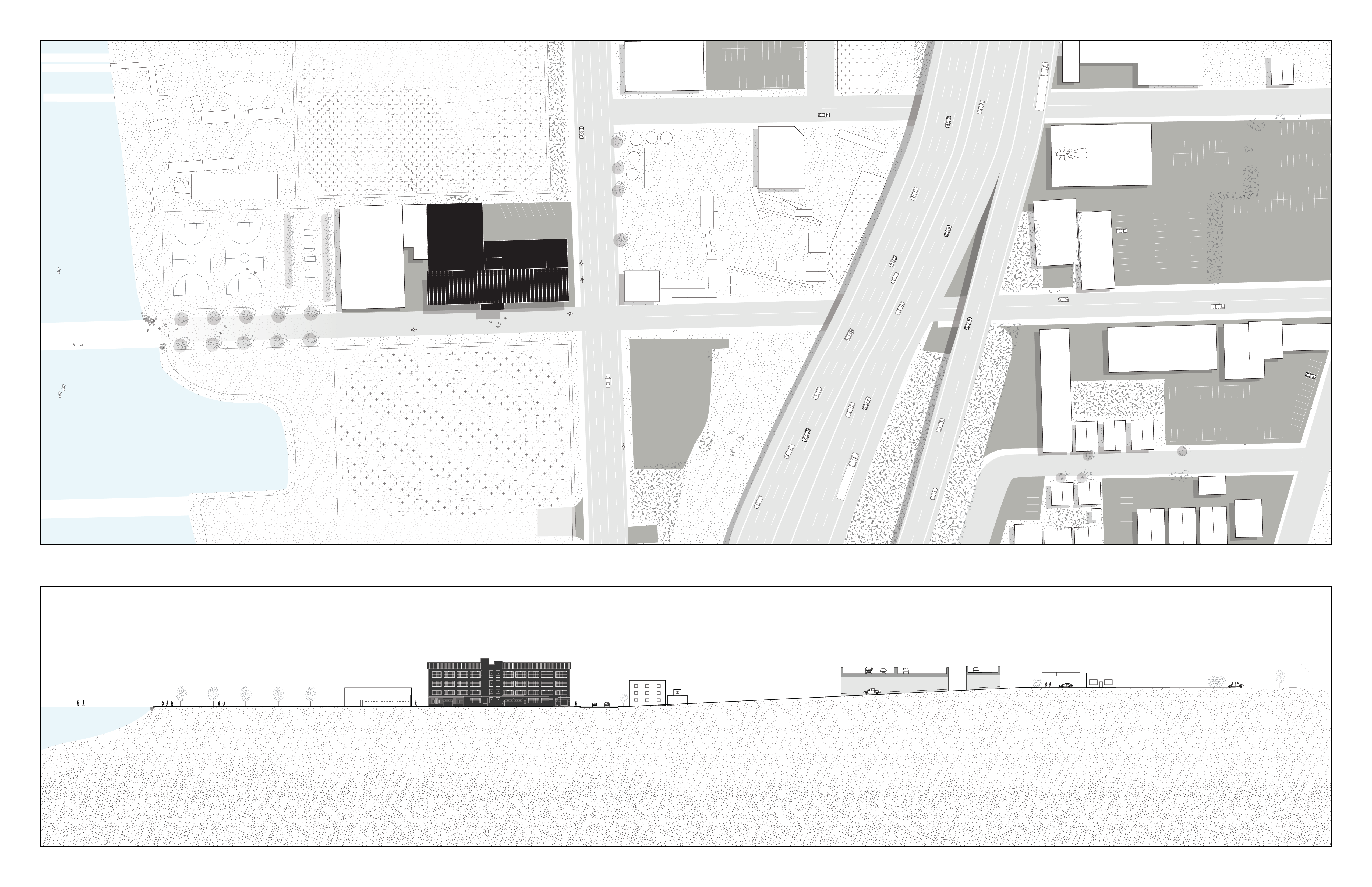View into the surrounding context of the building in plan view and section view 