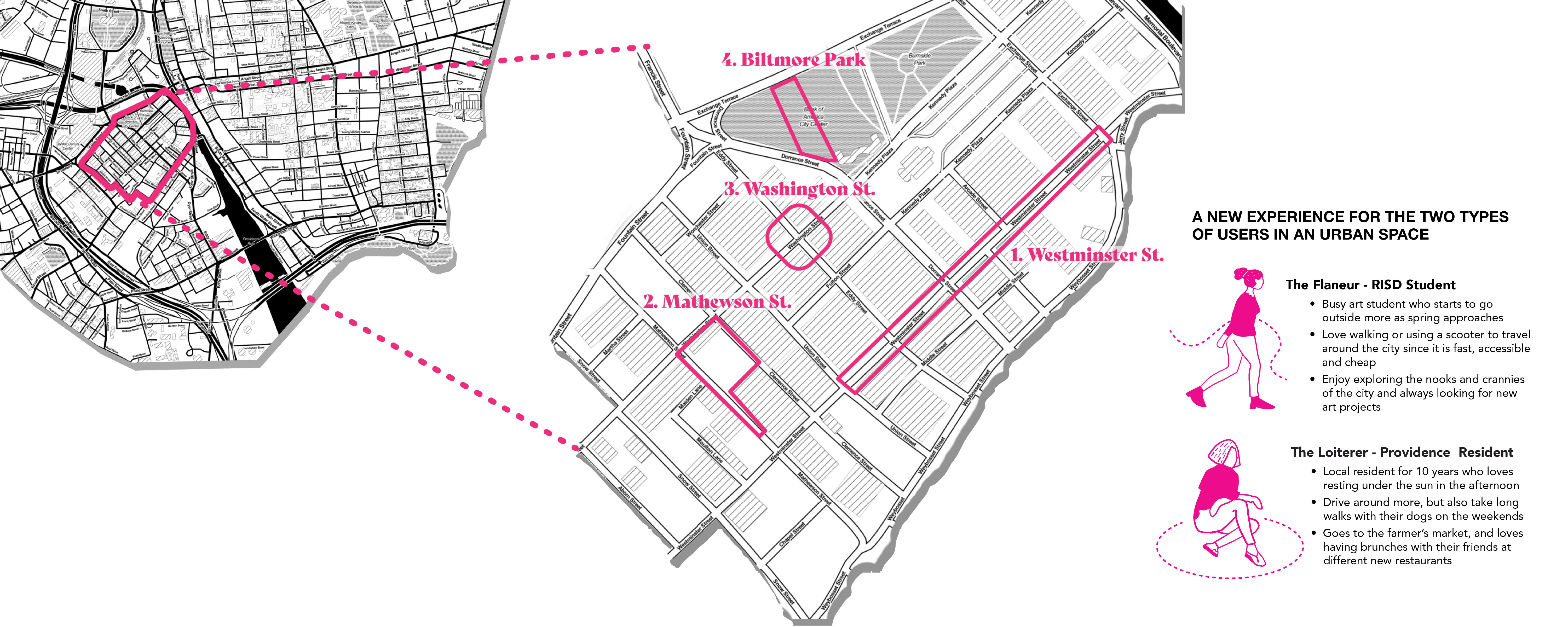 A zoom-in map of Providence downtown, with an additional character description of the flaneur and the loiterer.