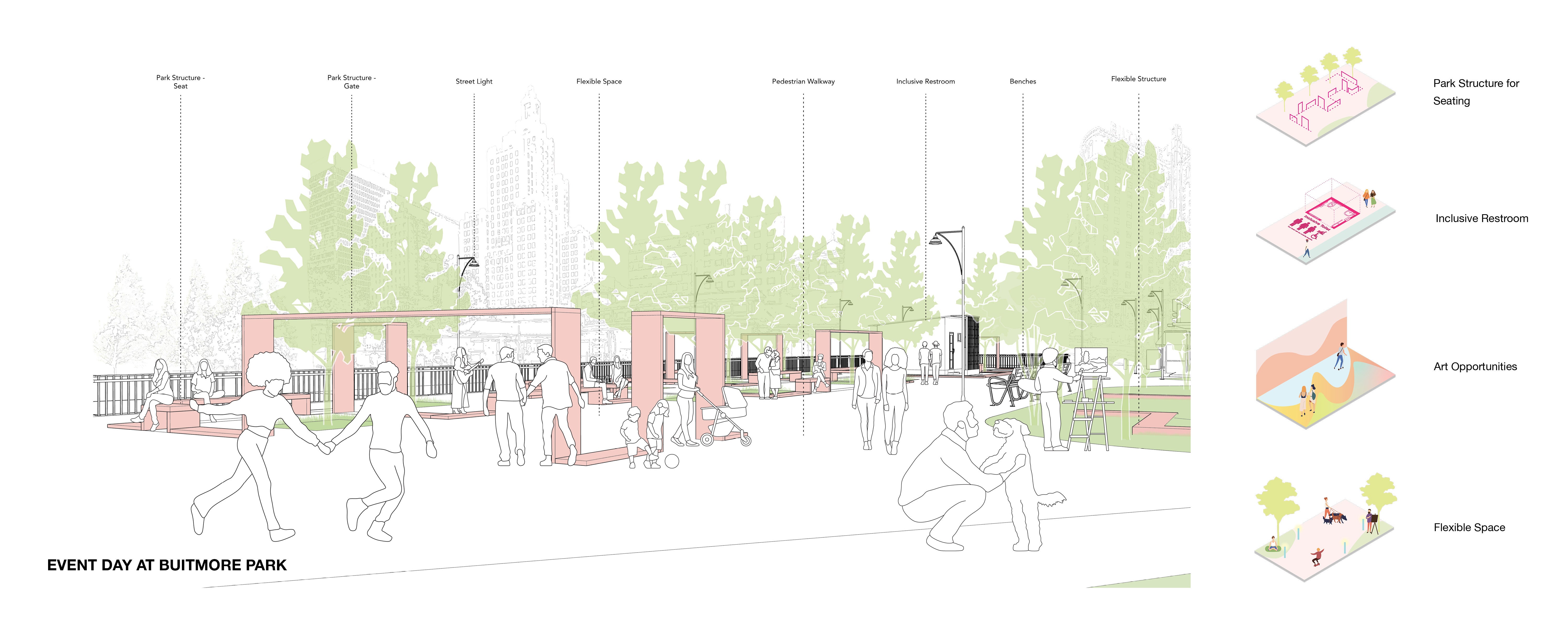 Inclusive, Active, and Innovative Park Space in Downtown with Creative Seating Structure 