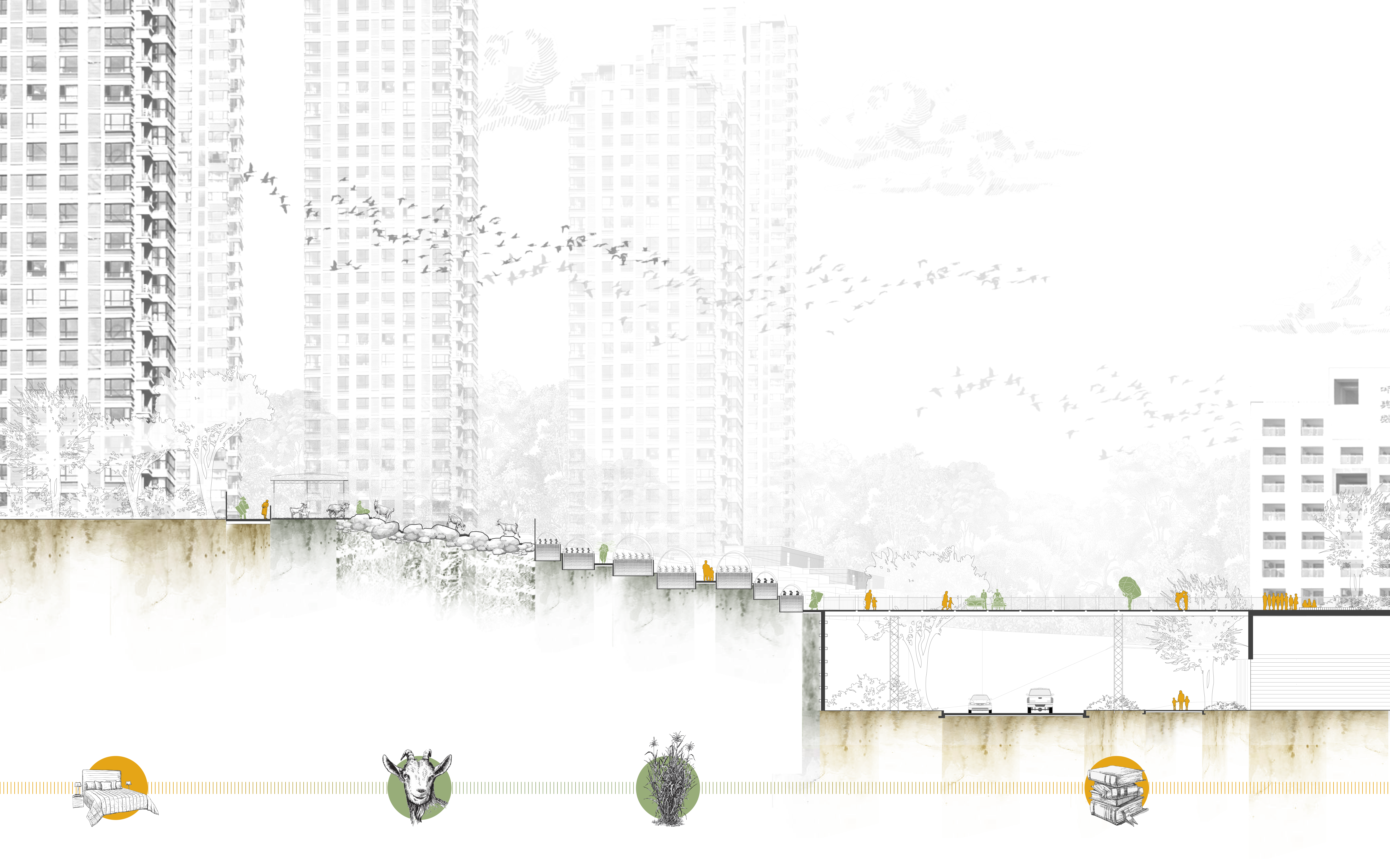 The terrace farm is between the residential house and school to deal with the 90 ft elevation diversity. The boundary has been blurred, and the in-between area has become the new commons used by city dwellers and the rural population.