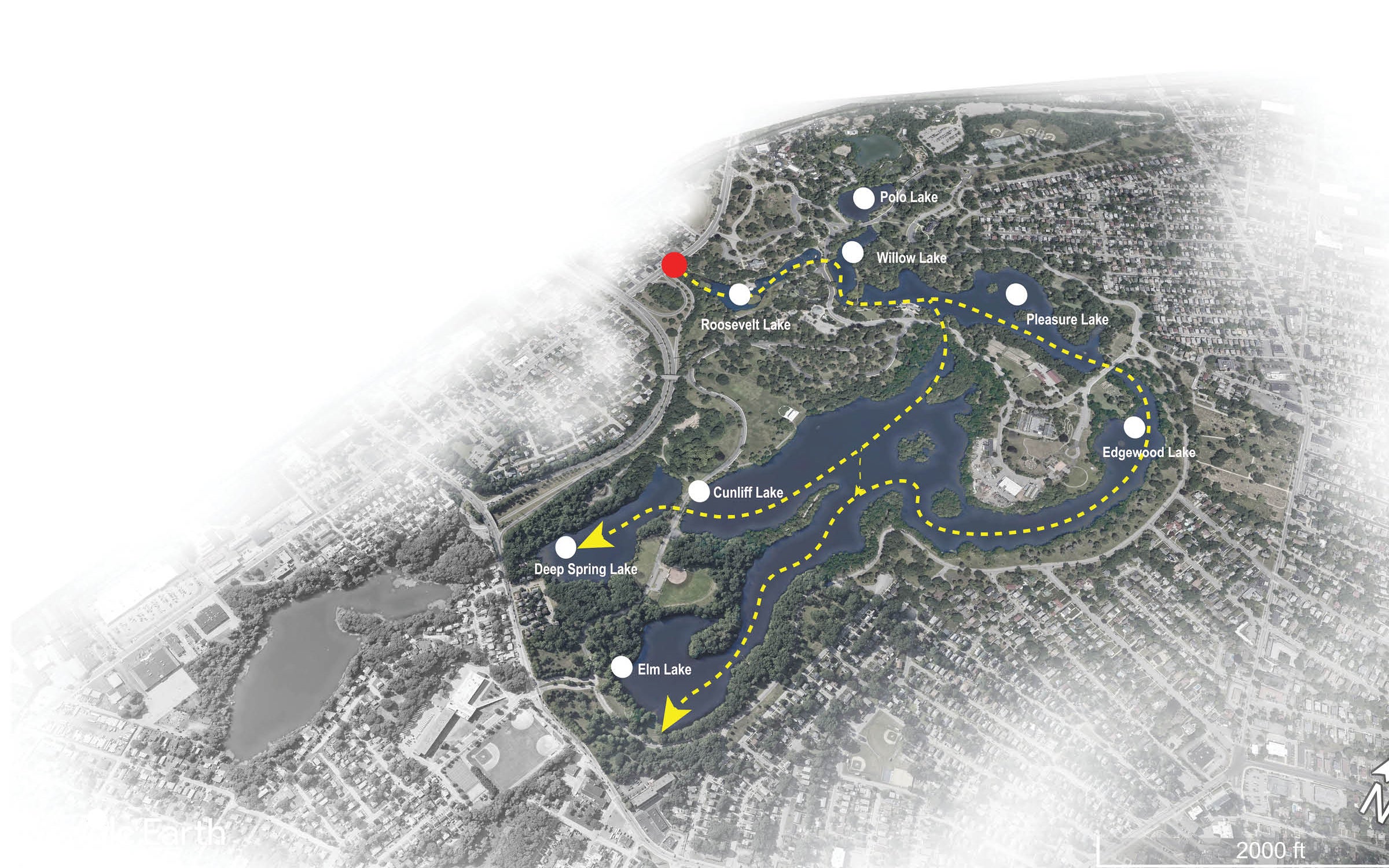 Roosevelt lake is the water inlet of Roger Williams park, and sewage flows from this lake to other lakes.