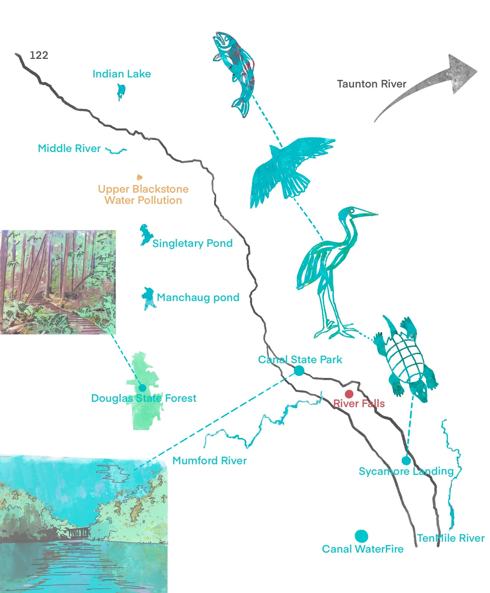 A map of the Blackstone River watershed showing a turtle, a Great Blue Heron, a Hawk, a fish, roads, parks, and other places of import.