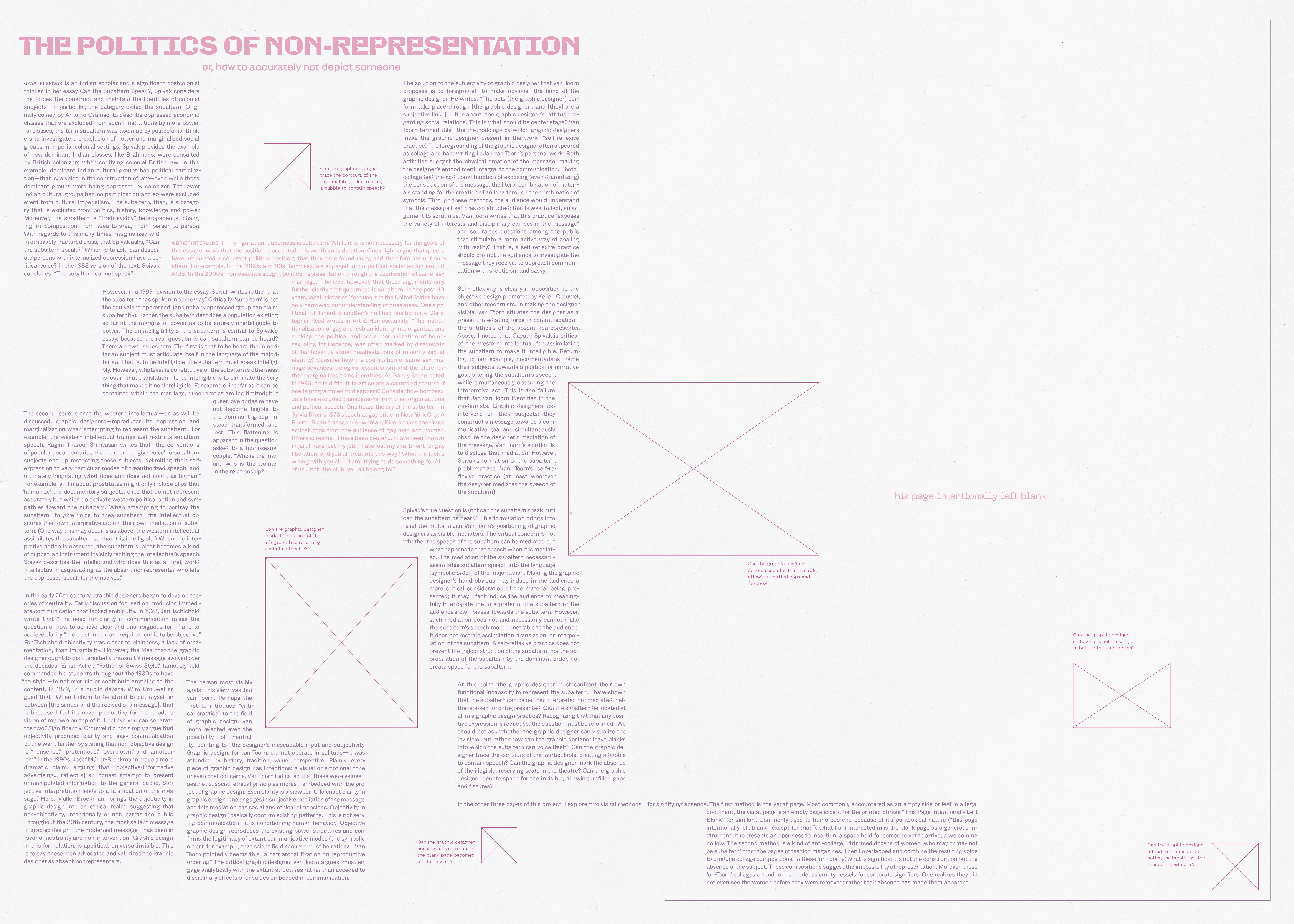 Left, an essay in pink text, set in scattered boxes. Right: A page left intentionally blank.