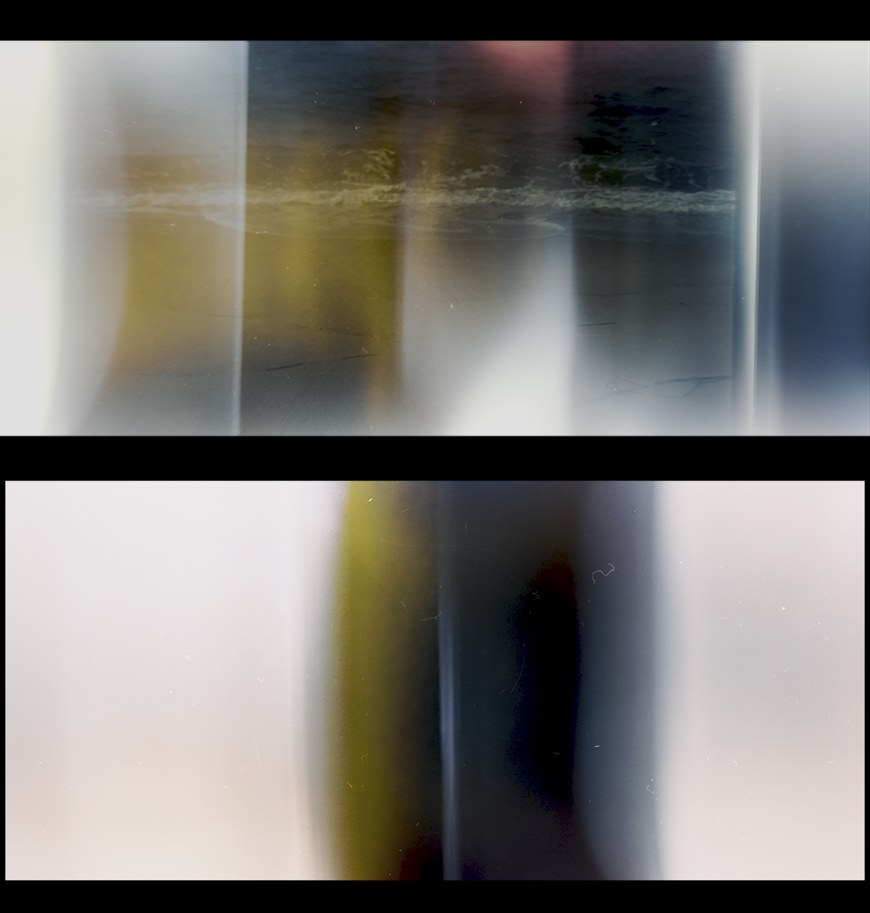 Two drab looking images of the beach obscured by colorful light leaks.