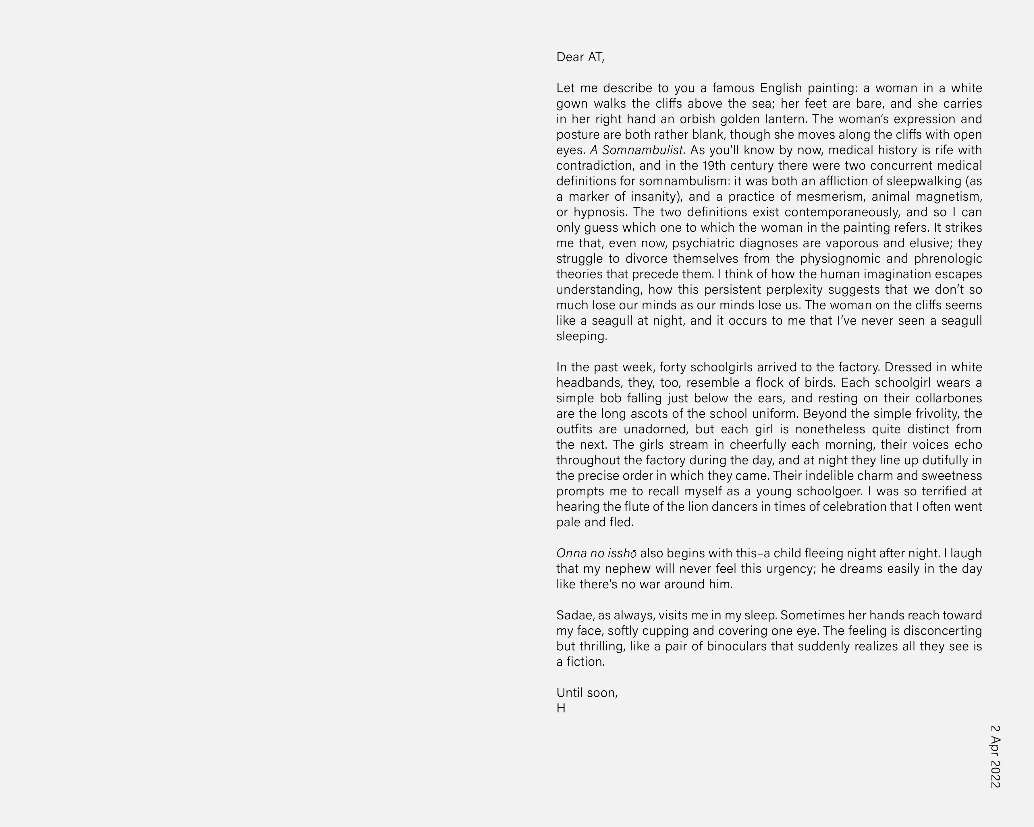 A 400-word typed letter, rendered digitally as black text on a light-gray background.