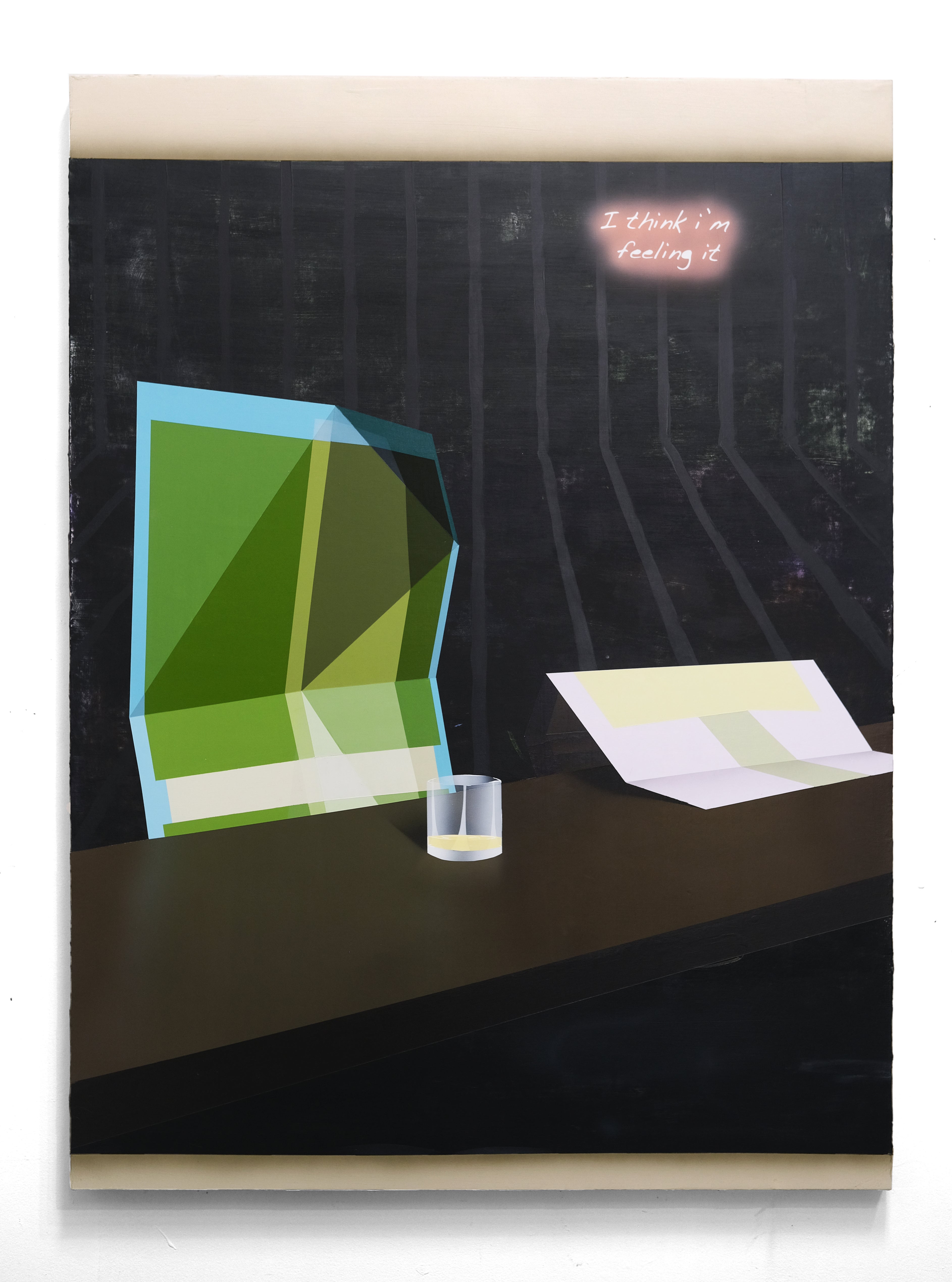 Two folded geometrie drawings sit at a dark bar, a neon sign on the all reads "i think I'm feeling it" 